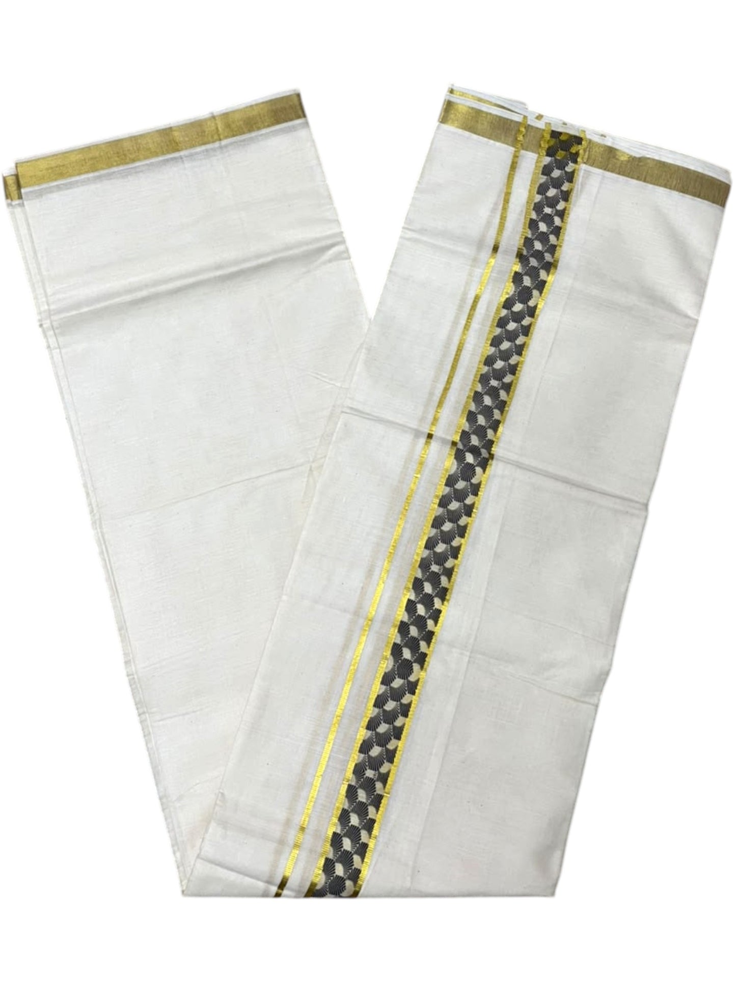Southloom Pure Cotton Double Mundu with Blue Block Printed And Ksavu Border (South Indian Kerala Dhoti)