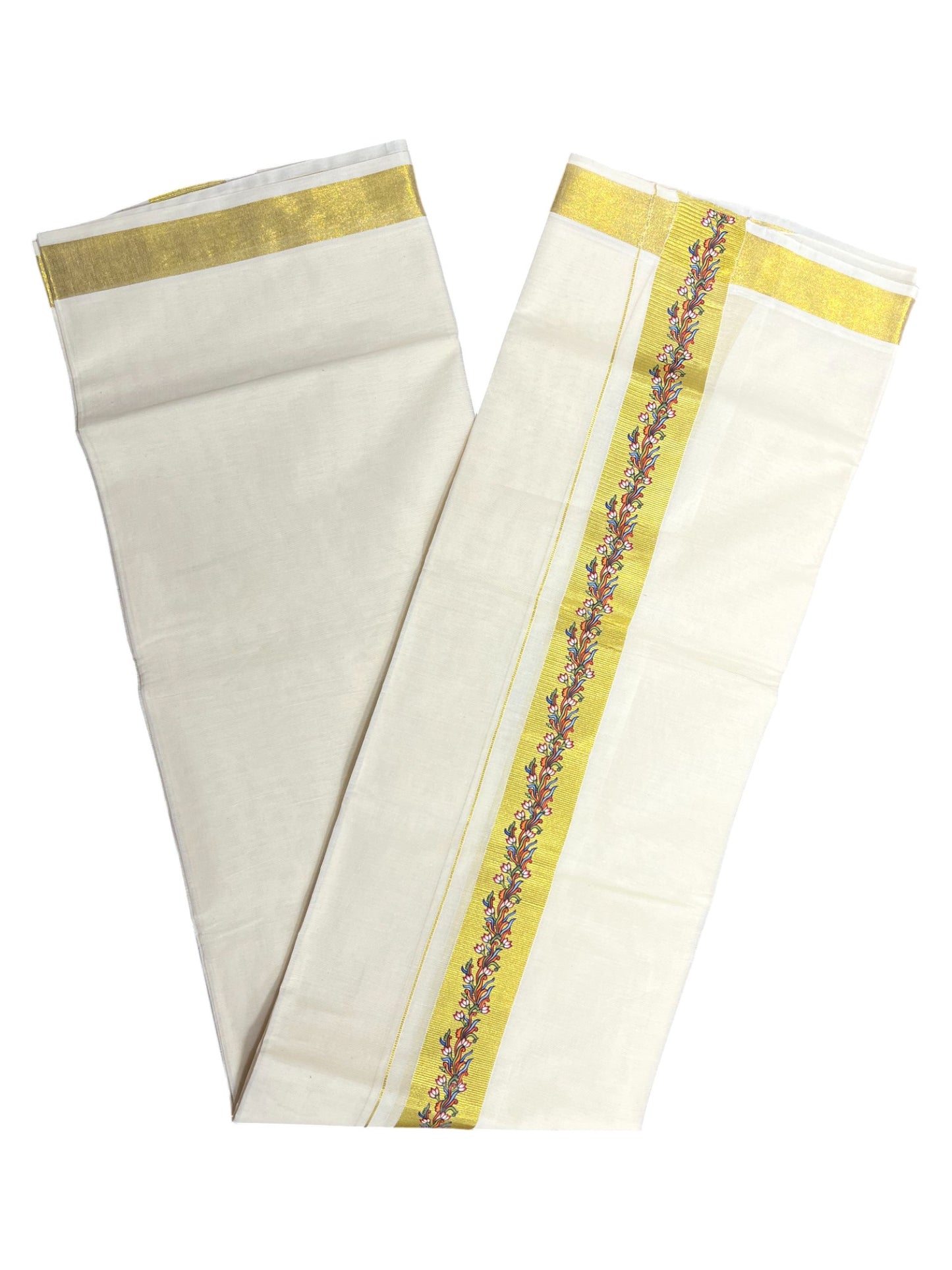 Southloom Pure Cotton Off White Double Mundu with Mural Printed Design Along Kasavu Kara