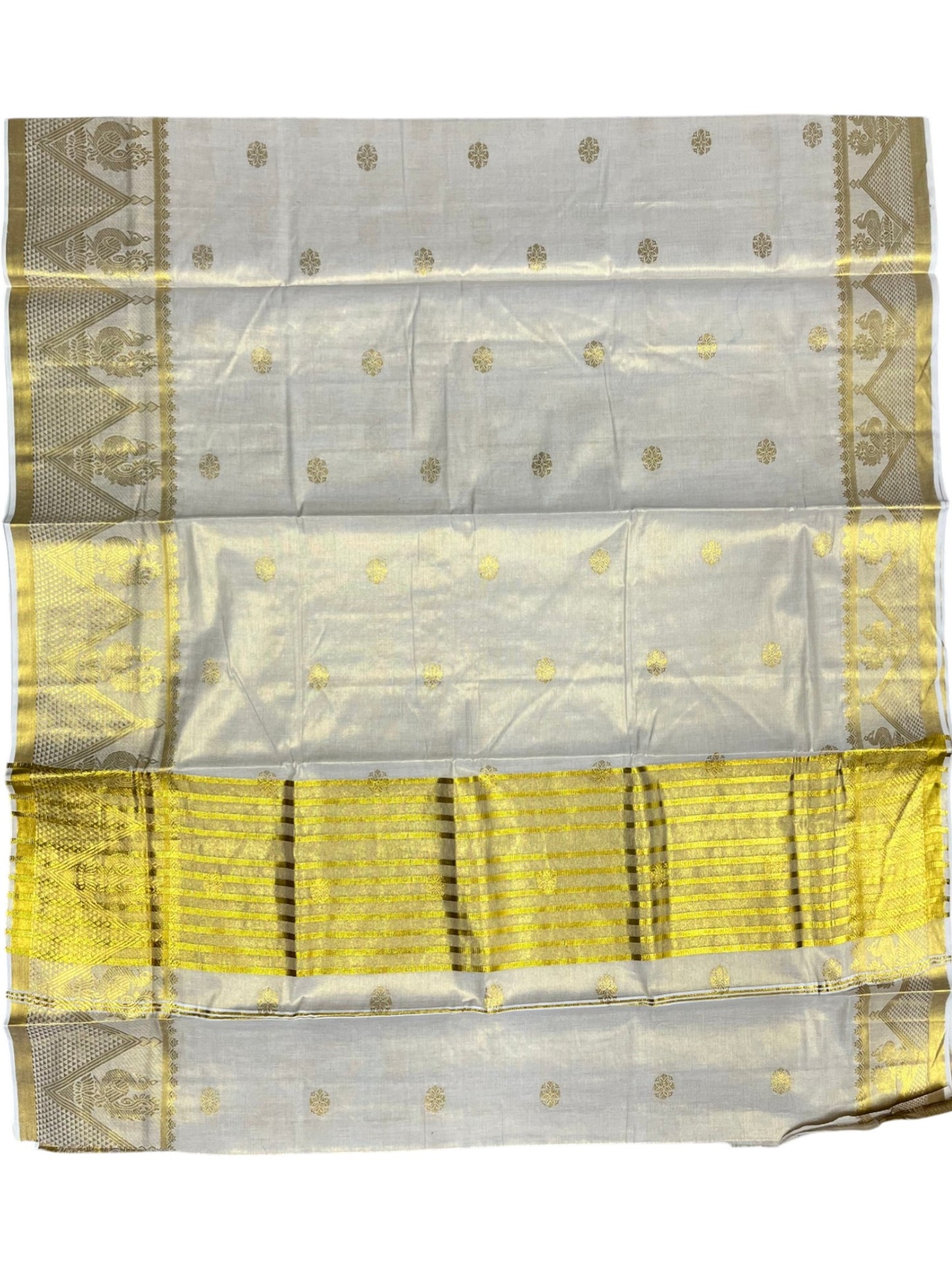 Southloom Tissue Kerala Kasavu Saree with Floral Woven Work on Body and Temple Border with Peacock Design
