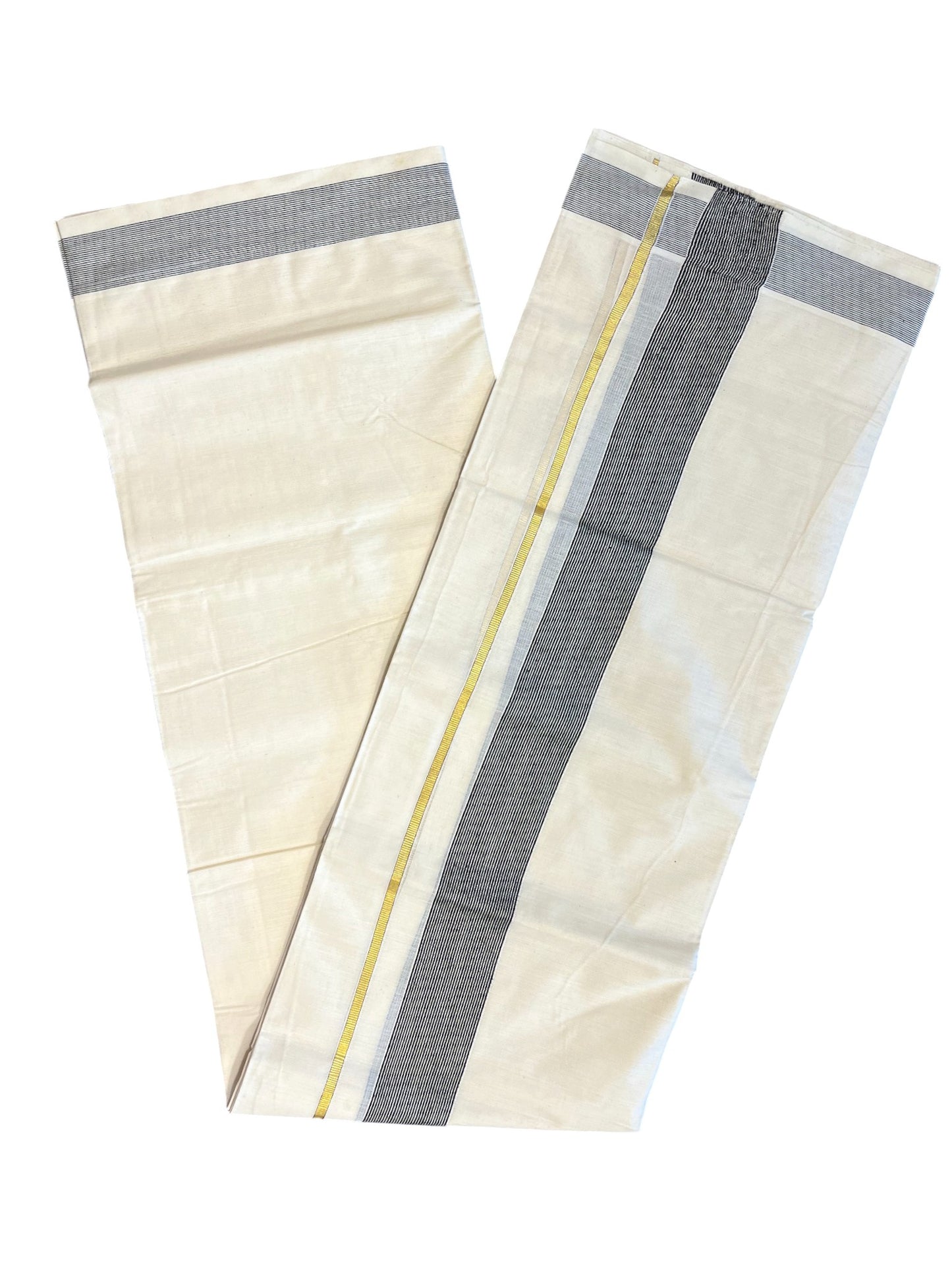 Southloom Kerala Pure Cotton Double Mundu with Gold Lines & Black Border (South Indian Dhoti)