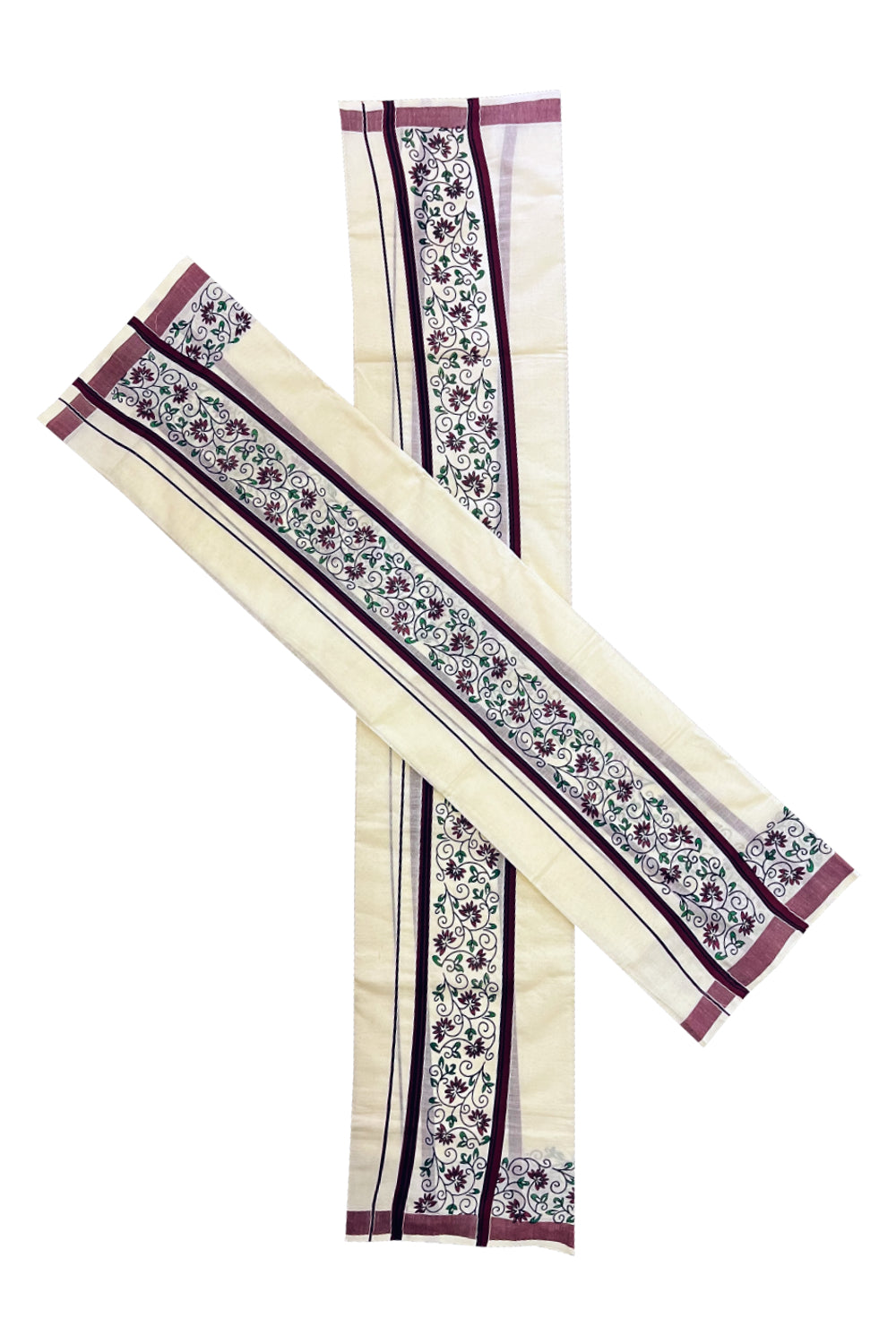 Kerala Cotton Set Mundu Single (Mundum Neriyathum) with Maroon Floral Block Printed Border