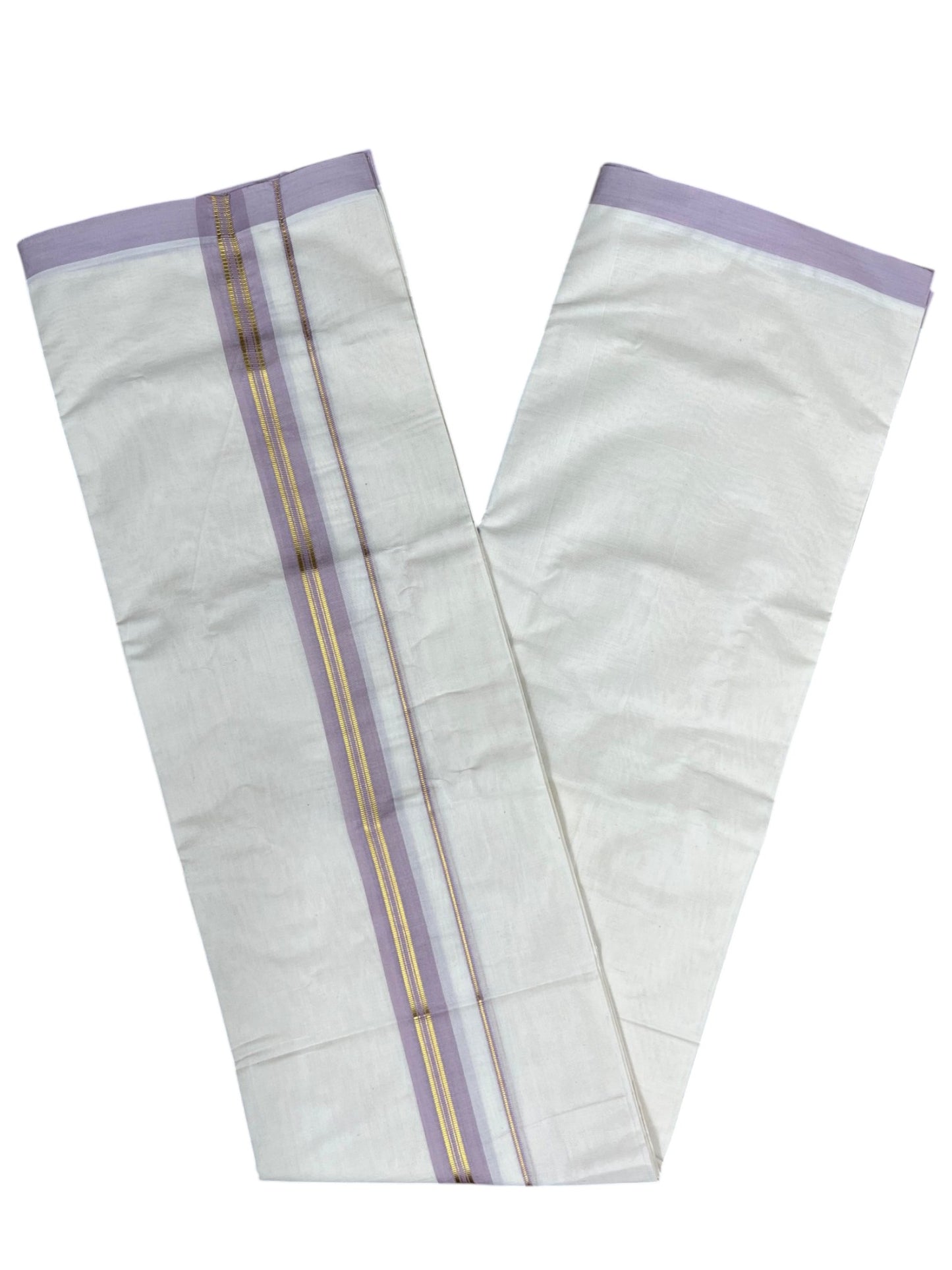 Southloom Pure Cotton Mundu with Gold Lines and Lavander Border (South Indian Kerala Dhoti)