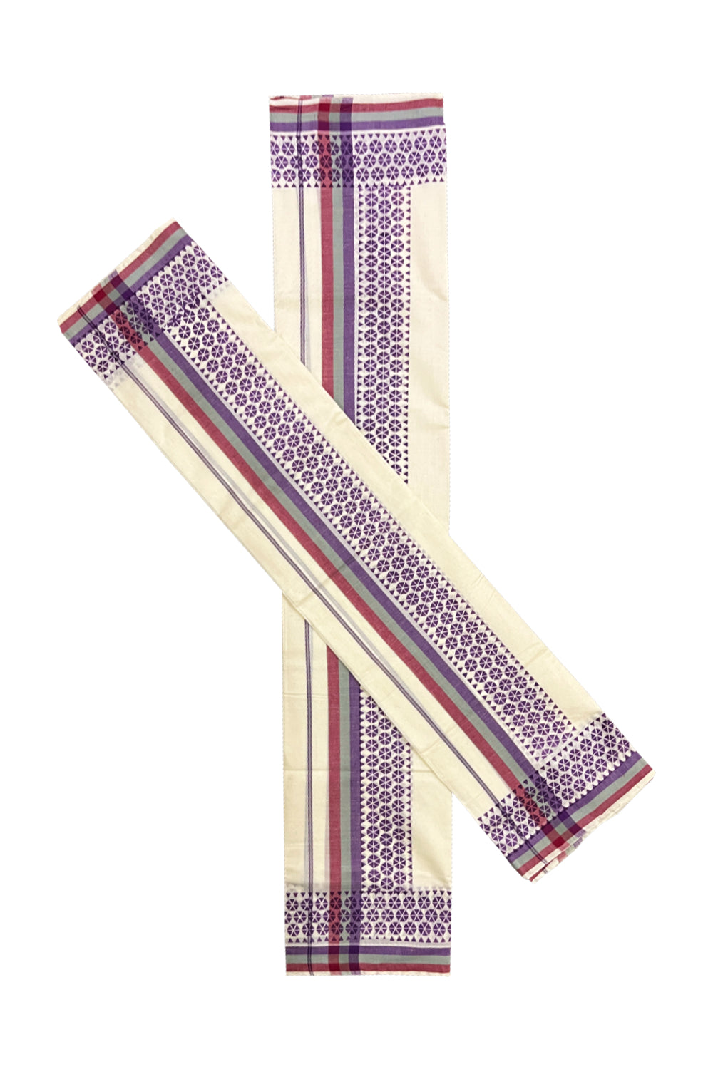 Kerala Cotton Mulloth Mundum Neriyathum Single (Set Mundu) with Violet Block Printed Border (Extra Soft Cotton)