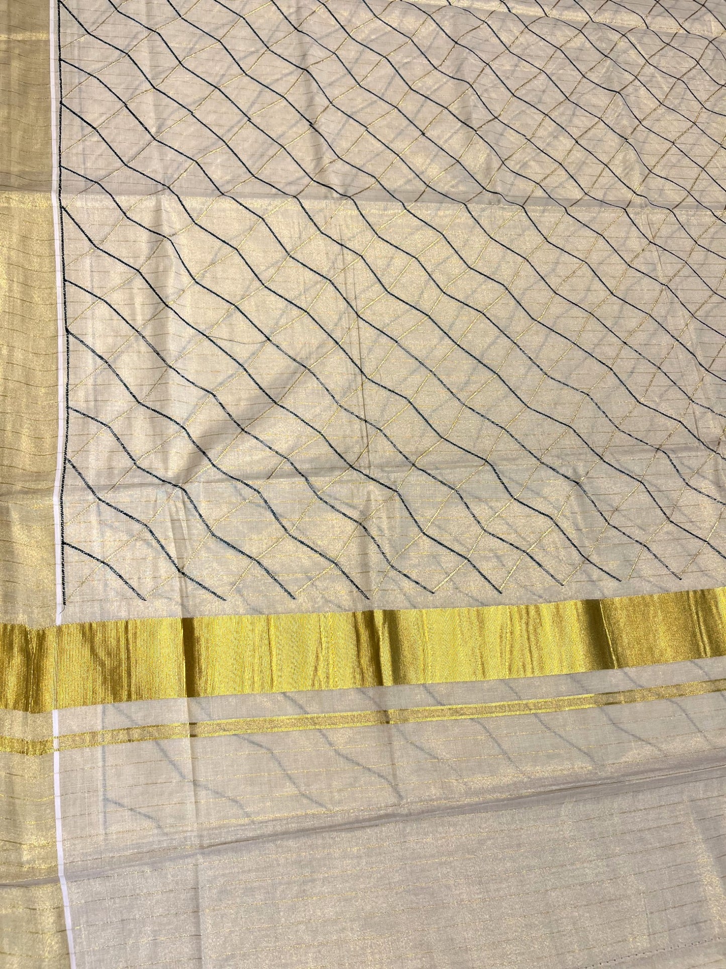 Kerala Tissue Kasavu Stripes Saree with Green and Gold Embroidery Design on Body