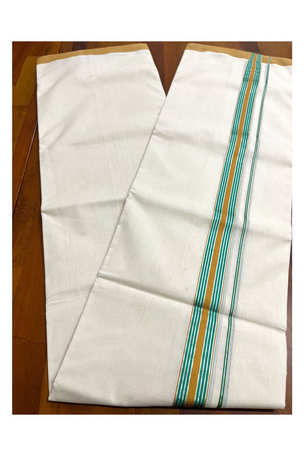 Premium Balaramapuram Handloom Unakkupaavu Cotton Double Mundu with Silver Kasavu Yellow and Green Border (Vishu 2024 Collection)