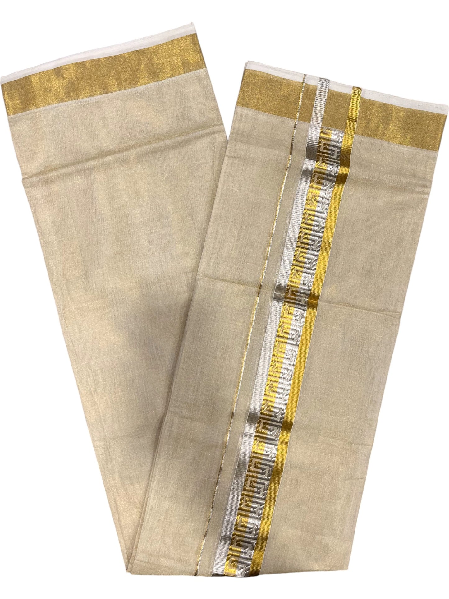 Southloom Premium Handloom Tissue Double Mundu with Gold And Silver Kasavu Border