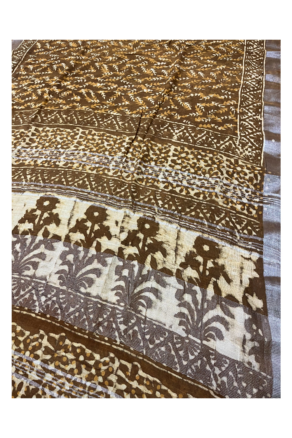 Southloom Linen Brown Designer Saree with Floral Prints