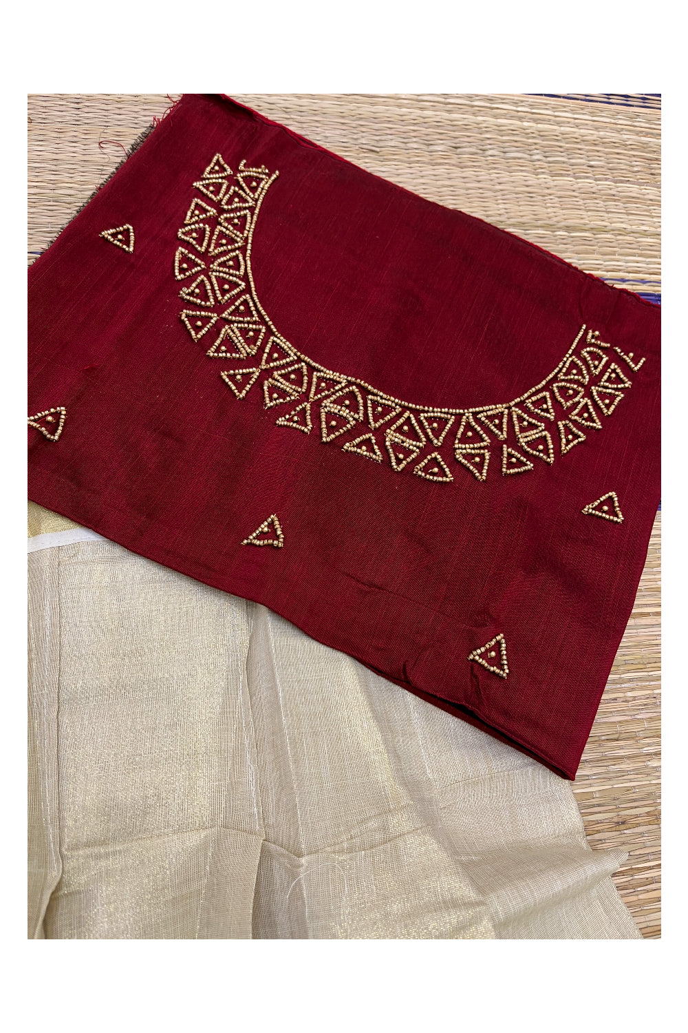 Semi Stitched Pavada Blouse with Tissue and Maroon Bead Works