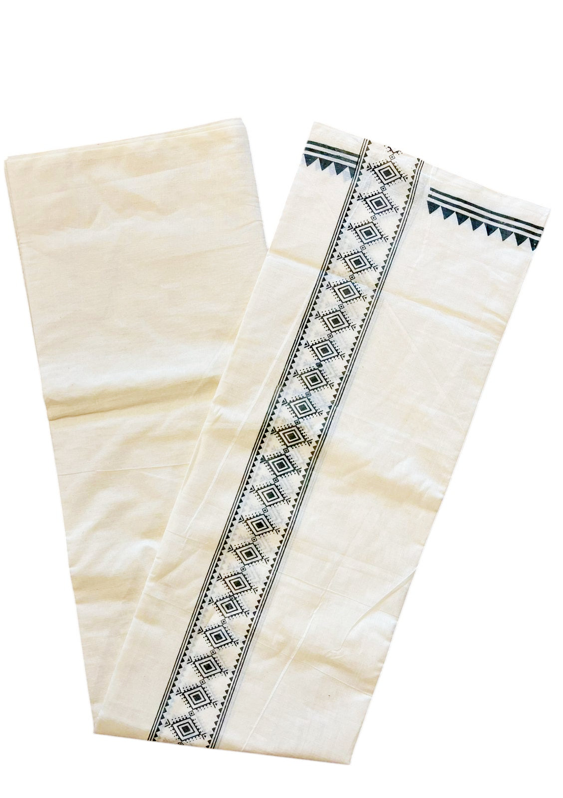 Pure Cotton Off White Double Mundu with Grey Block Prints On Border (South Indian Kerala Dhoti)