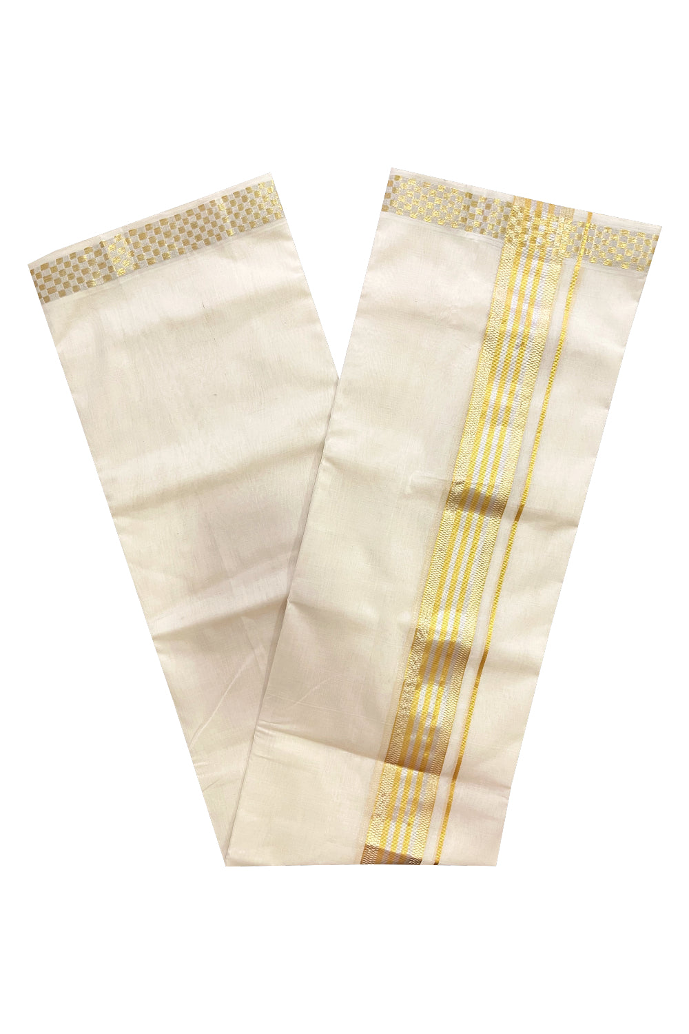 Premium Balaramapuram Unakkupaavu Handloom Mundu with Silver and Golden Kasavu Border (South Indian Kerala Dhoti)