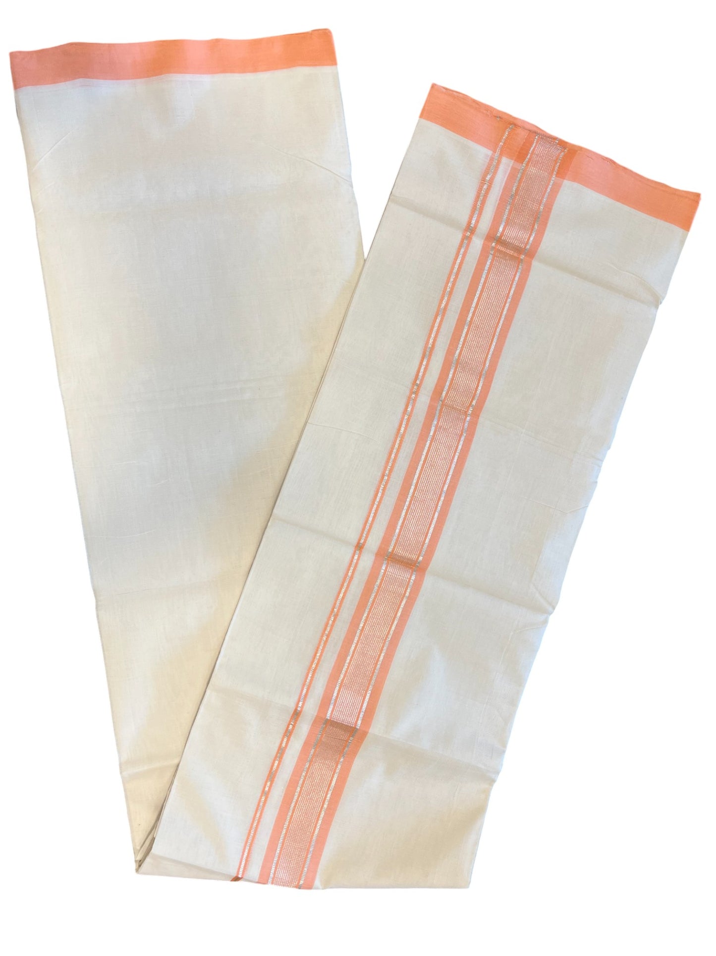 Southloom Premium Handloom Cotton Double Mundu with Silver and Peach Chutti Kara Border