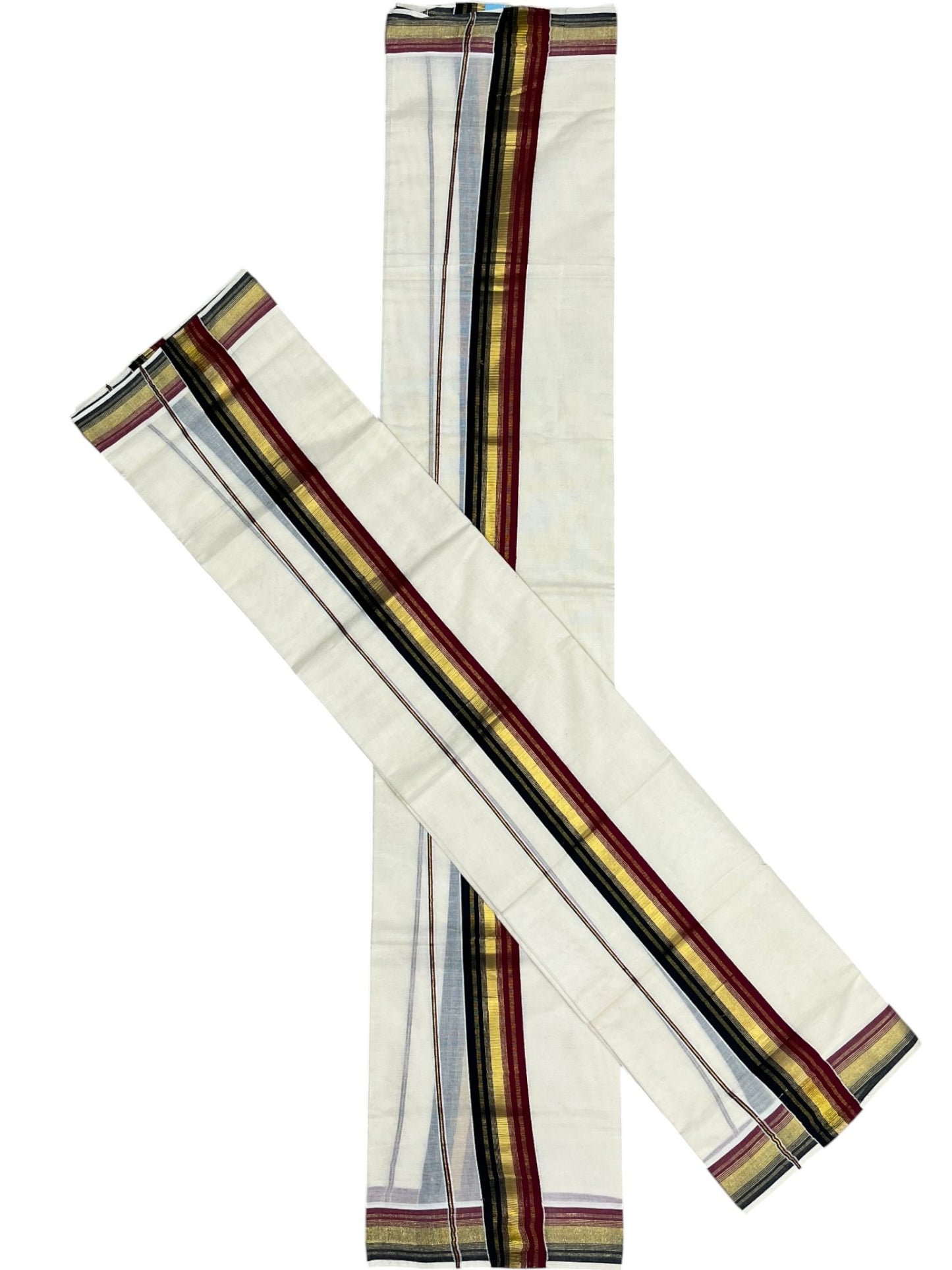Southloom Kerala Cotton Kasavu Single Set Mundu (Mundum Neriyathum) with Black and Maroon Kasavu Border SLKK SL480