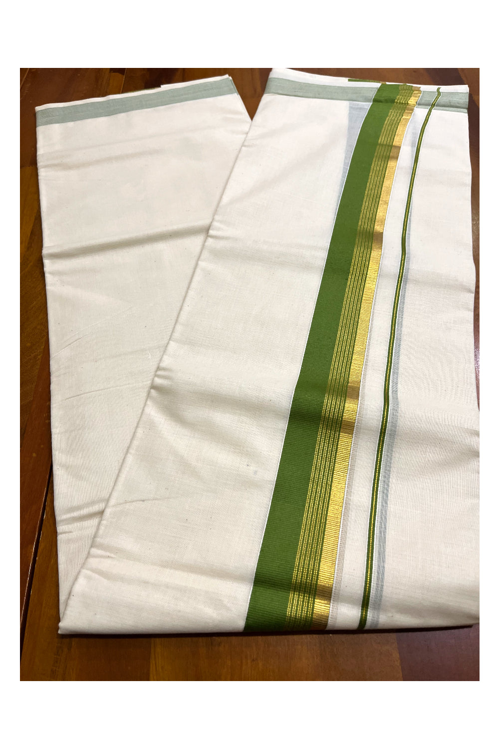 Kerala Pure Cotton Double Mundu with Olive Green and Kasavu Border (South Indian Kerala Dhoti)