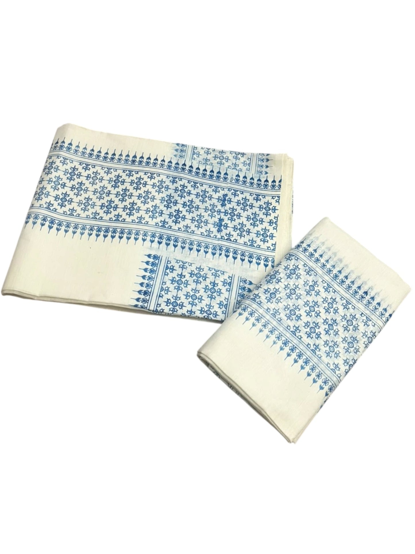 Southloom Kerala Cotton Set Mundu (Mundum Neriyathum) with Blue Floral Prints on Border-2.80Mtrs SL625