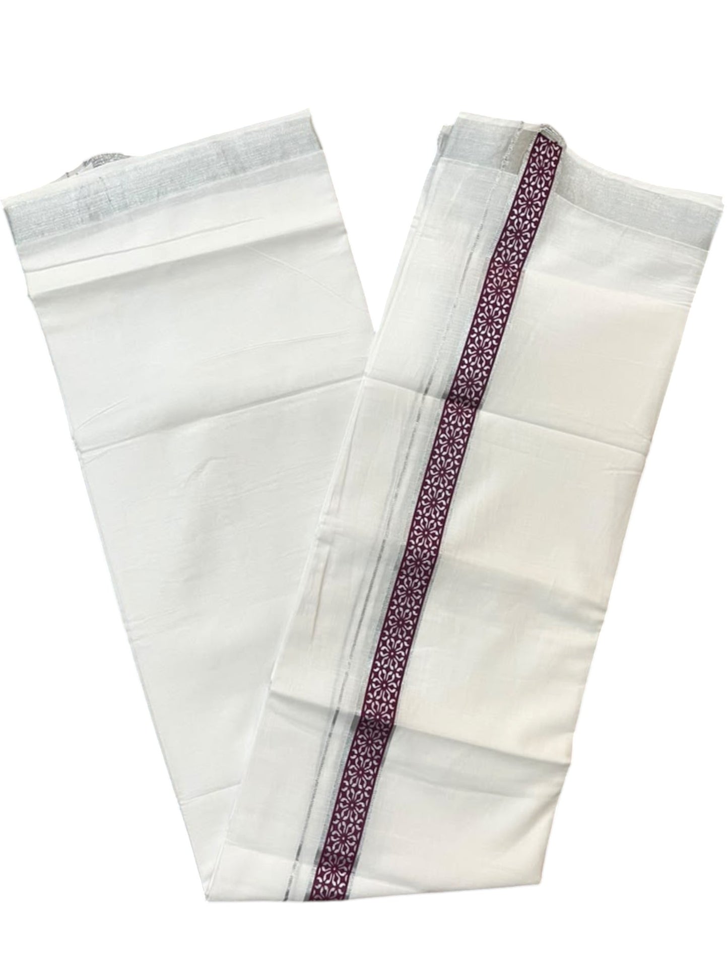Southloom Pure White Cotton Mundu with Purple and Silver Kasavu Border (South Indian Kerala Dhoti)