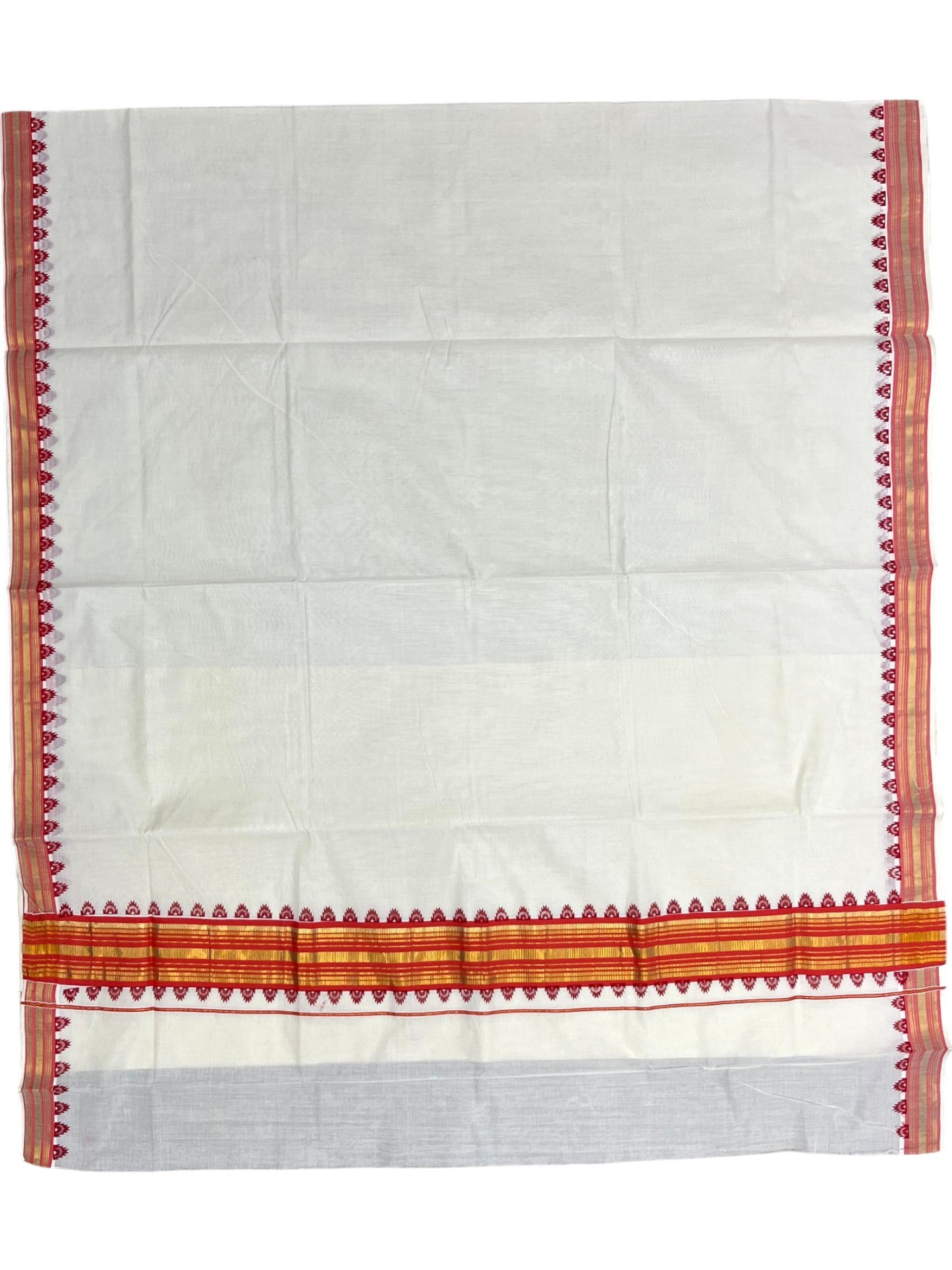 Southloom Cotton Kerala Kasavu Saree with Temple Design Border in Orange