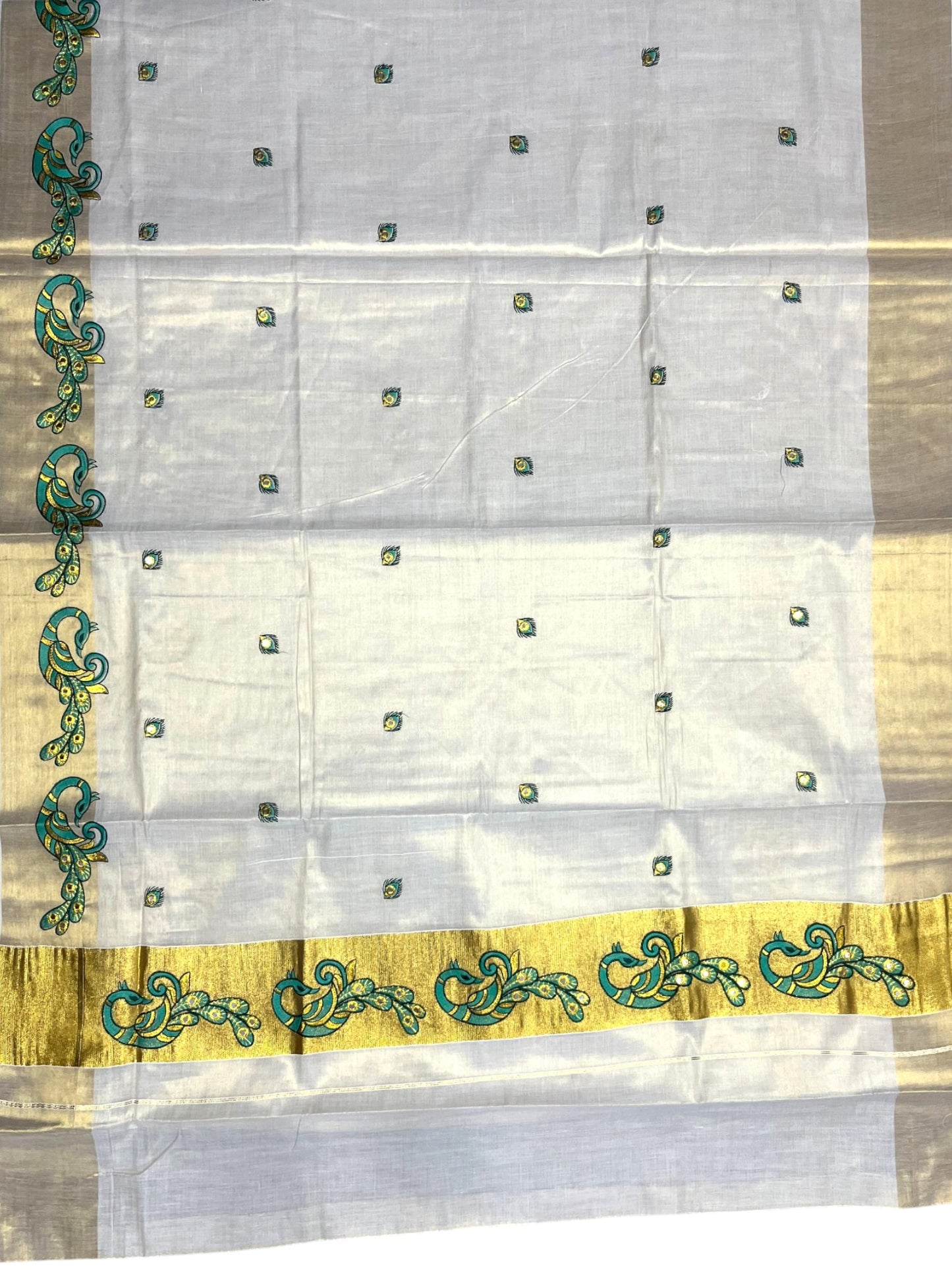 Southloom Kerala Tissue Kasavu Saree with Green Peacock Embroidery Design
