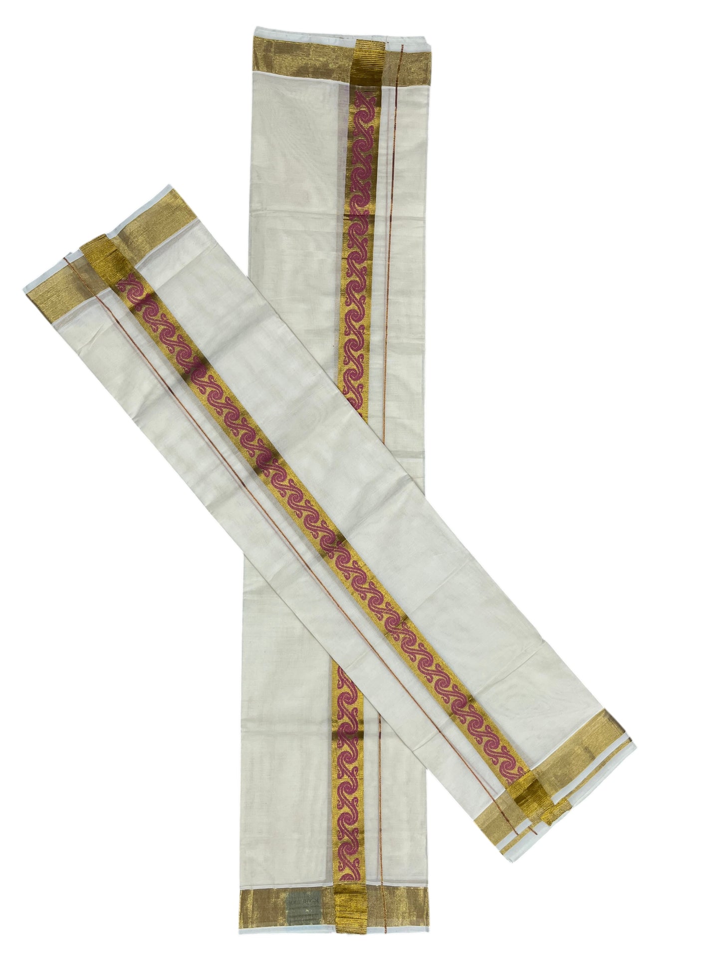 Southloom Kerala Pure Cotton Set mundu  (Mundum Neriyathum) with Pink Block Prints on Kasavu Border-2.80Mtrs