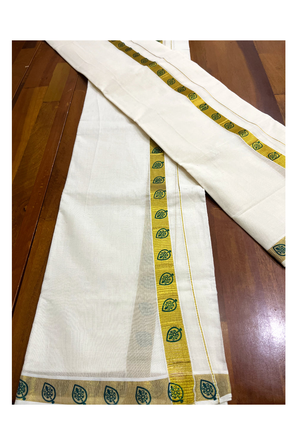 Kerala Pure Cotton Single Set Mundu with Green Block Prints on Kasavu Border 2.80 Mtrs