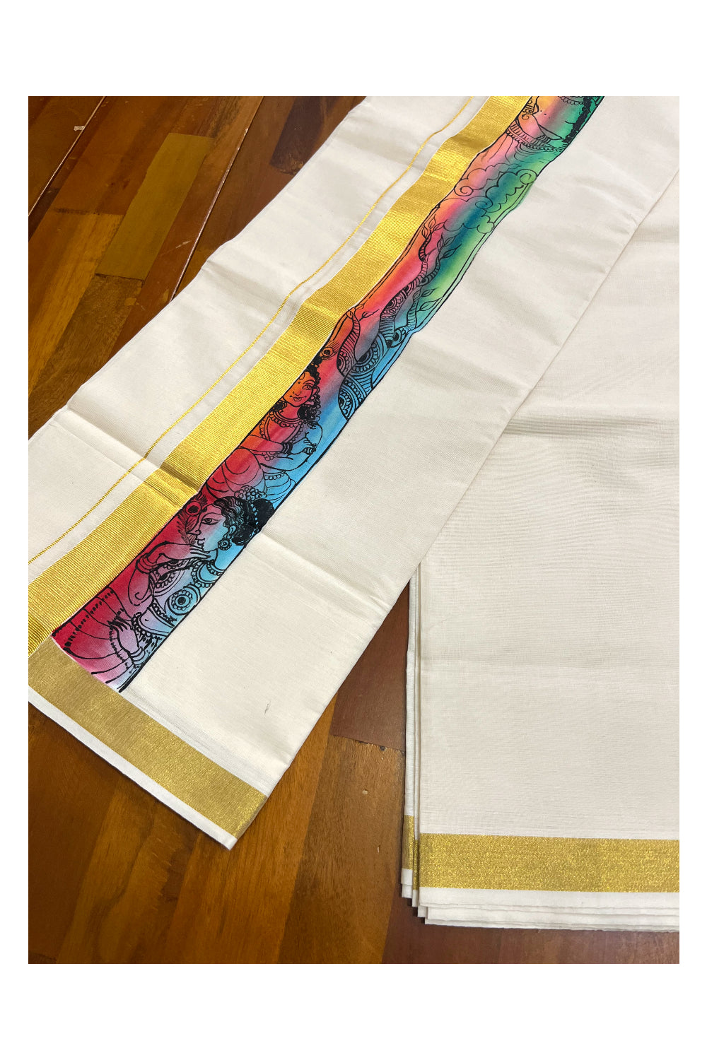 Kerala Pure Cotton Double Mundu with Mural Hand Painted Design on Kasavu Border (South Indian Kerala Dhoti)