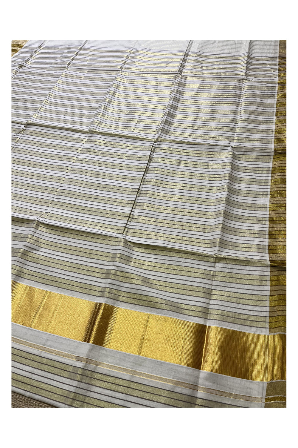 Pure Cotton Kerala Kasavu Saree with Lines Designs on Body and Brown Lines on Munthani