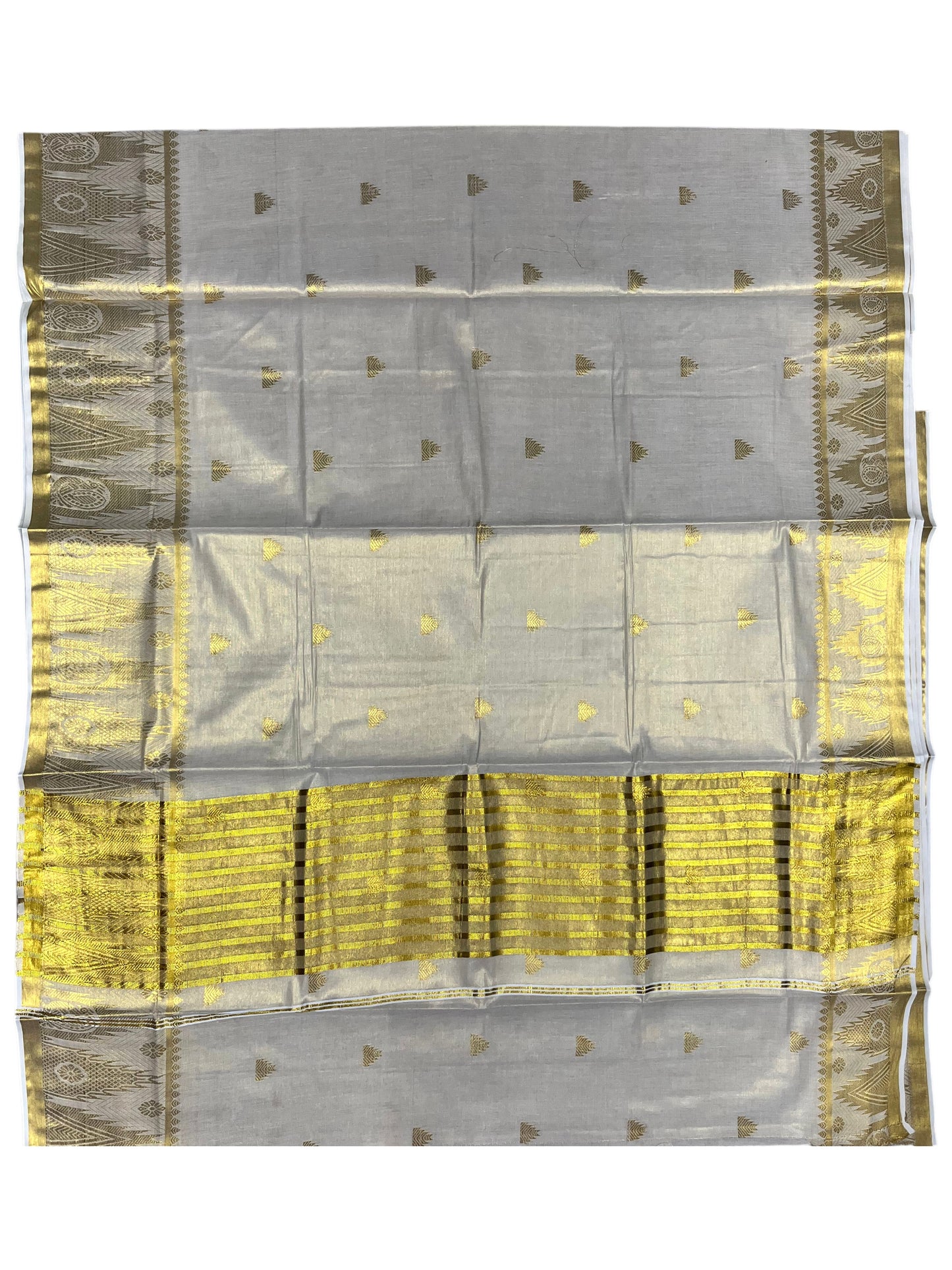 Southloom Tissue Kerala Kasavu Saree with Tample Woven Work on Body and Temple Border with Peacock Design