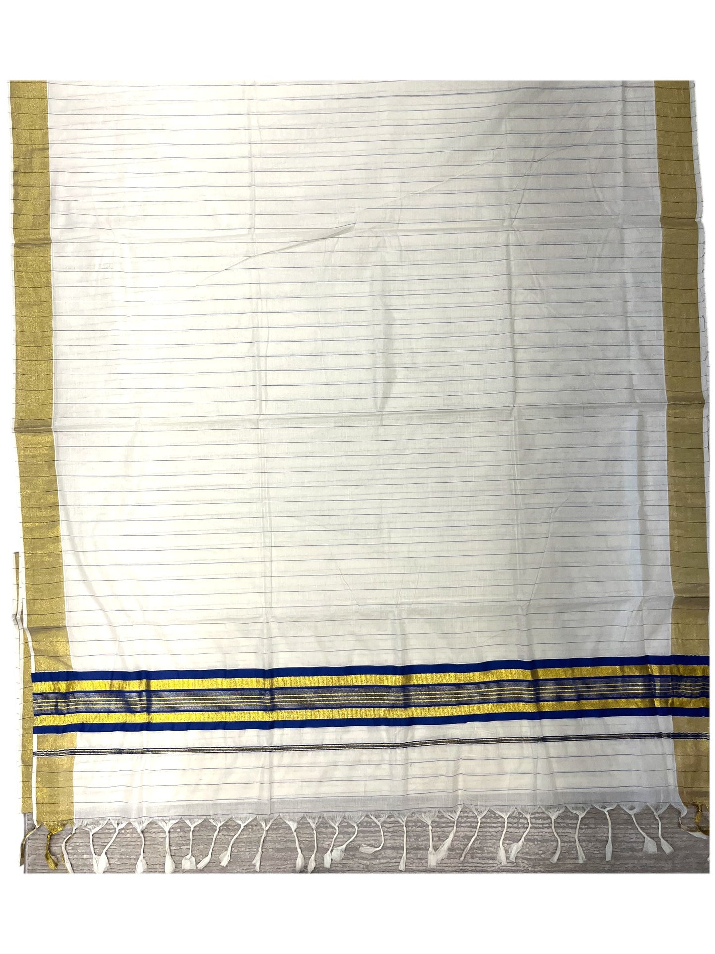 Southloom Kerala Cotton Kasavu Saree with Gold And Blue Lines on Body SL331