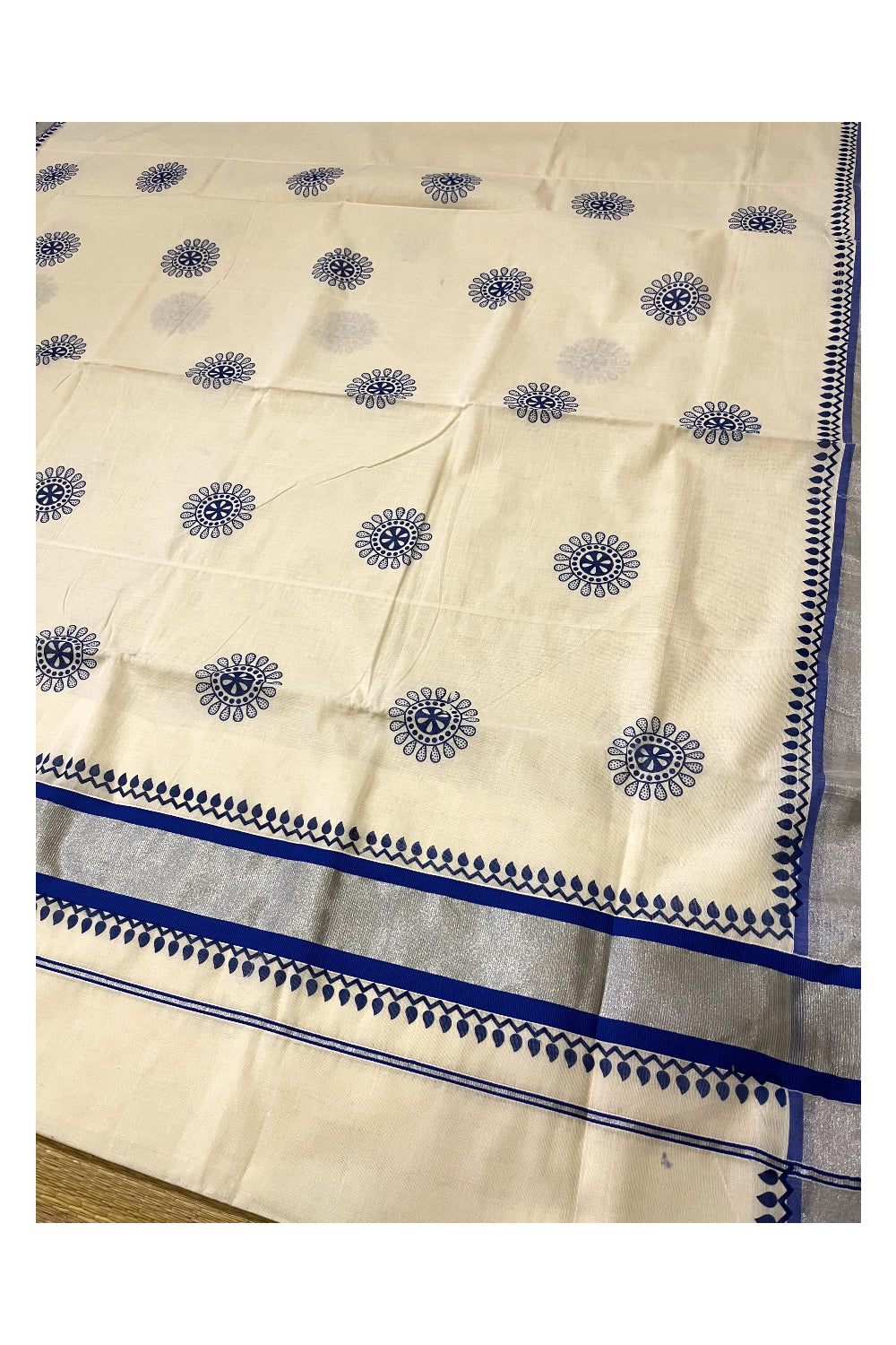 Kerala Pure Cotton Saree with Blue Block Prints and Silver Kasavu Border