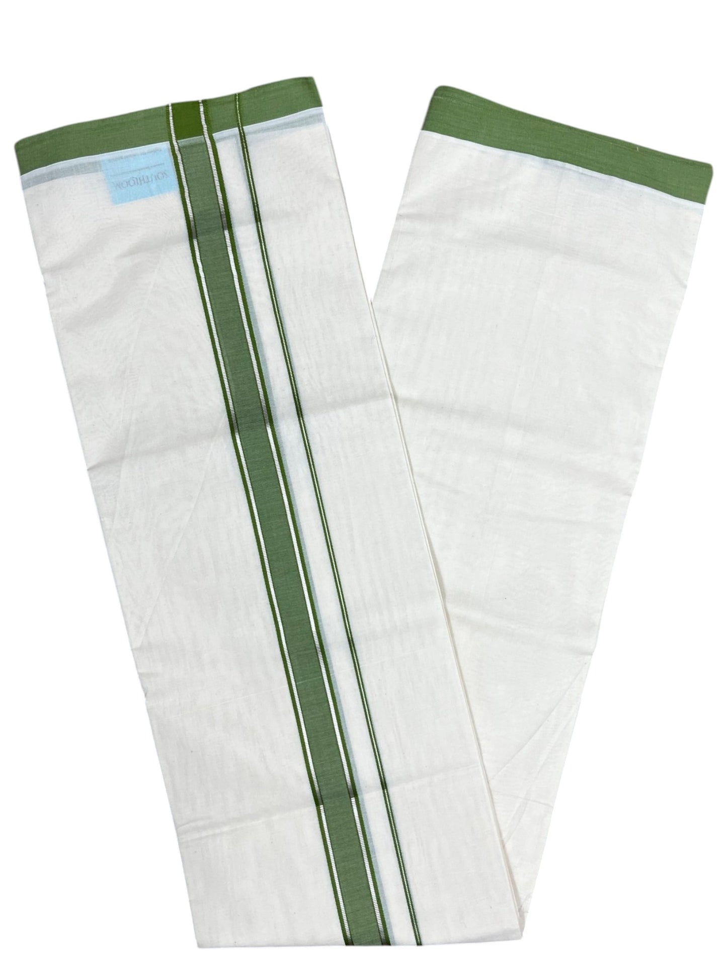 Southloom Pure Cotton Mundu with Silver Lines and Green Border (South Indian Kerala Dhoti)