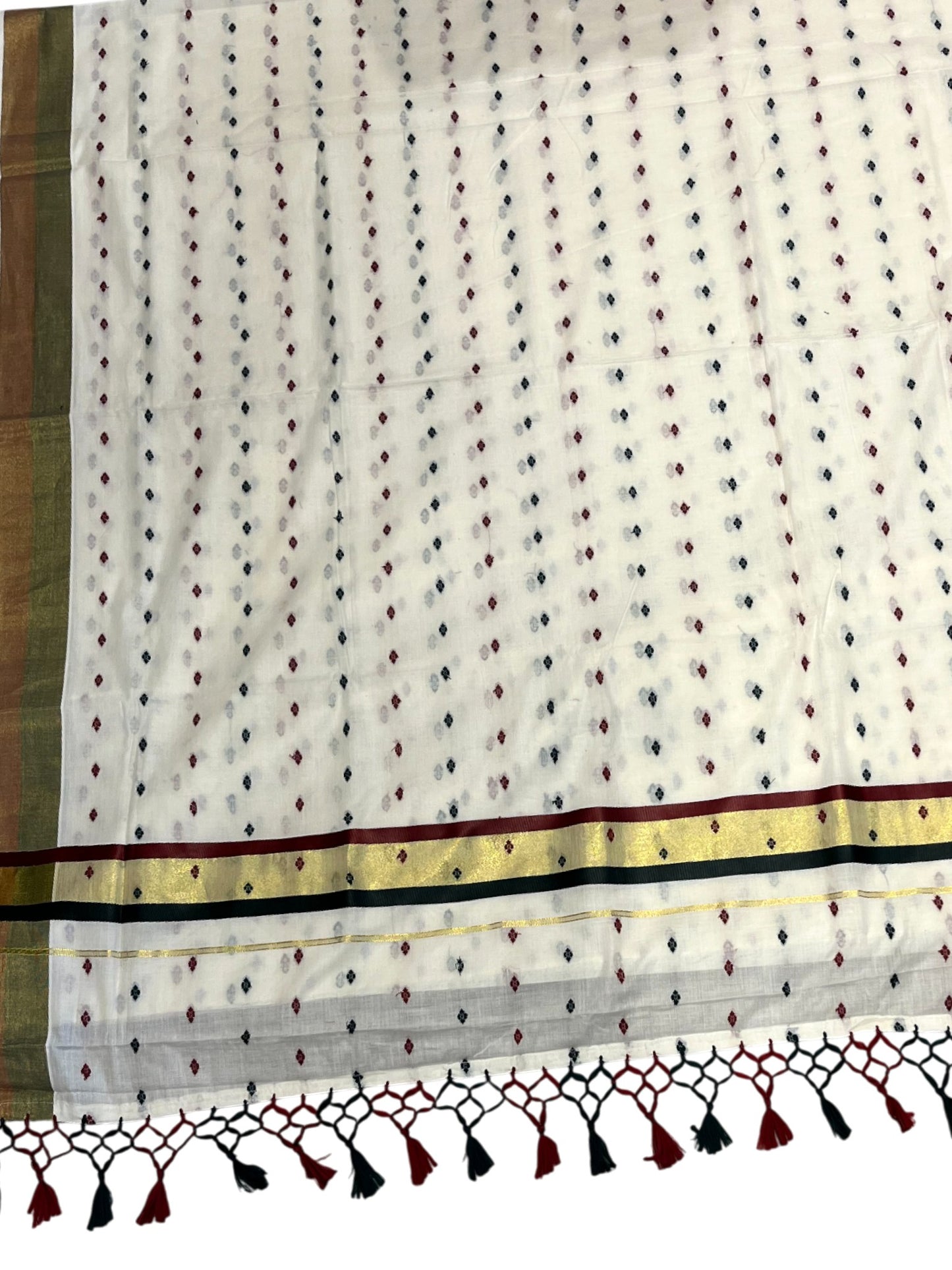 Southloom Cotton Kasavu Saree with Maroon and Green Thread Work Across Body