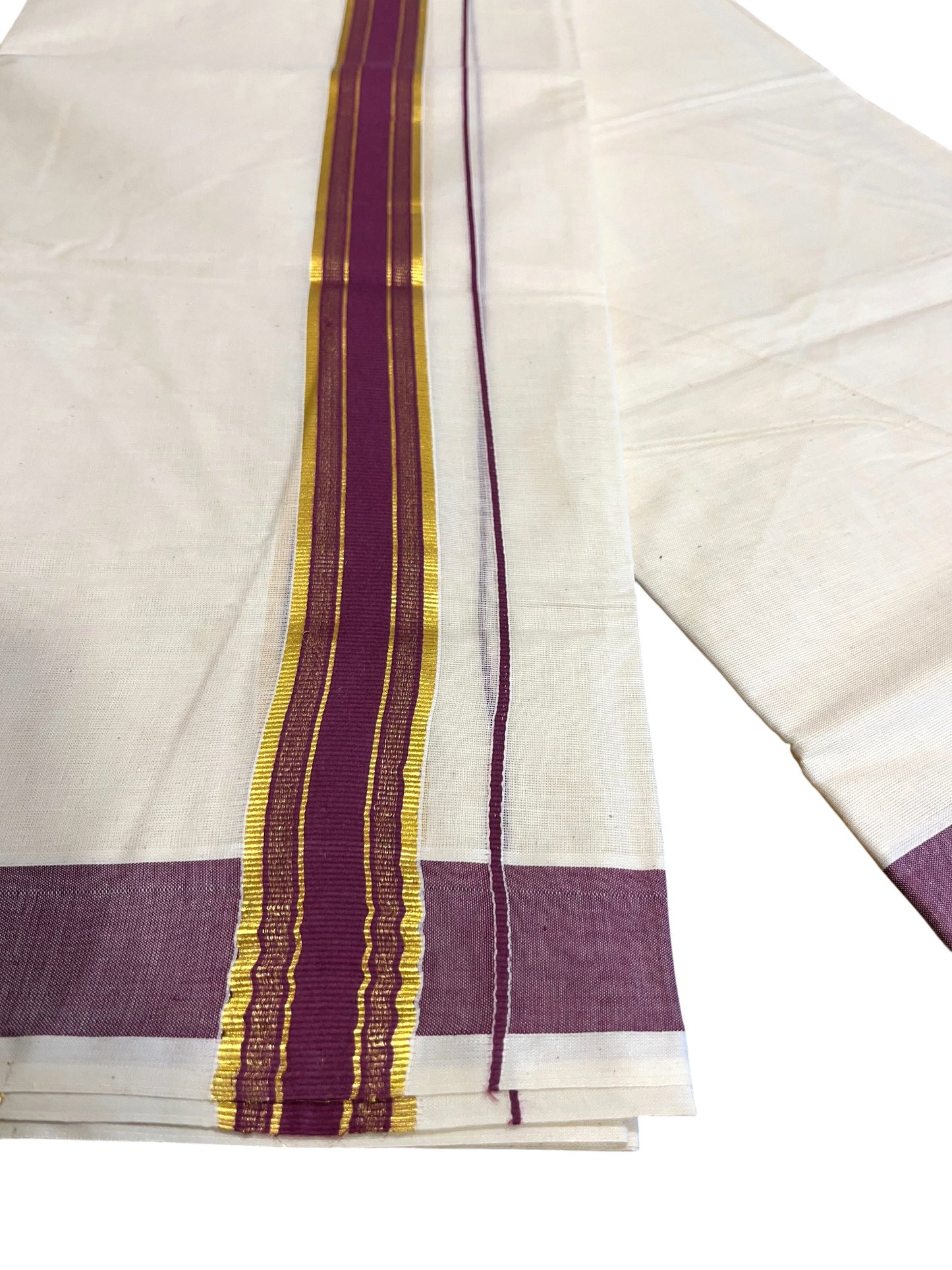 Southloom Kerala Pure Cotton Double Mundu with Gold Lines & Purple Border (South Indian Dhoti)
