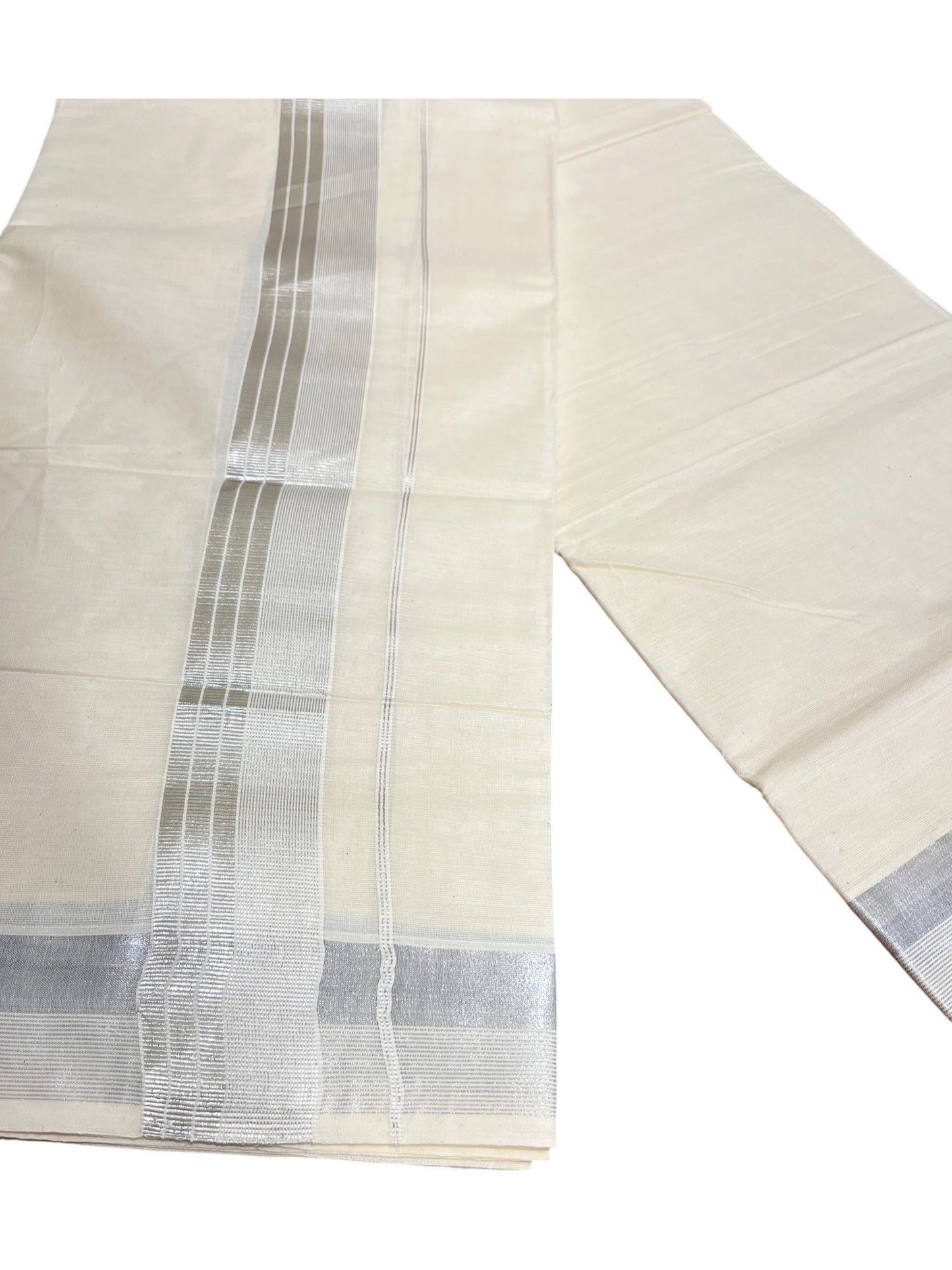 Kerala Cotton Double Mundu with Silver Border  (South Indian Dhoti)