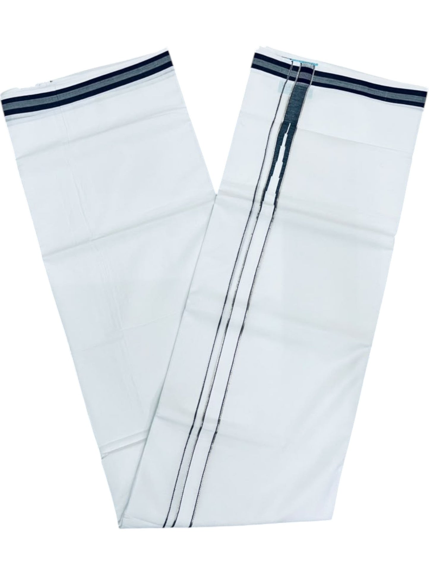 Southloom Pure White Cotton Double Mundu with Silver and Black Chutti Kara (South Indian Dhoti)