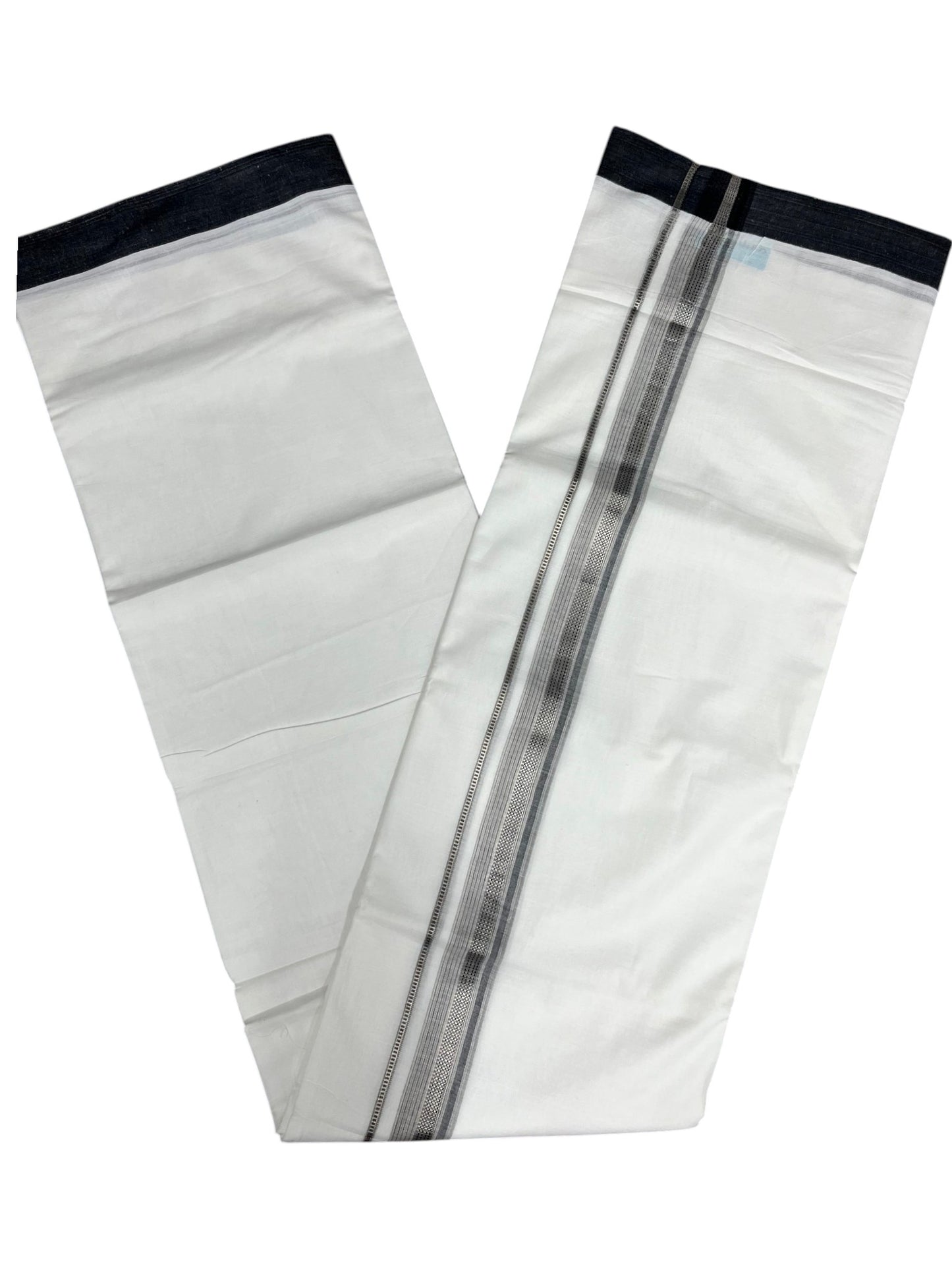 Southloom Pure White Cotton Mundu with Black & Silver Line Border (South Indian Kerala Dhoti)
