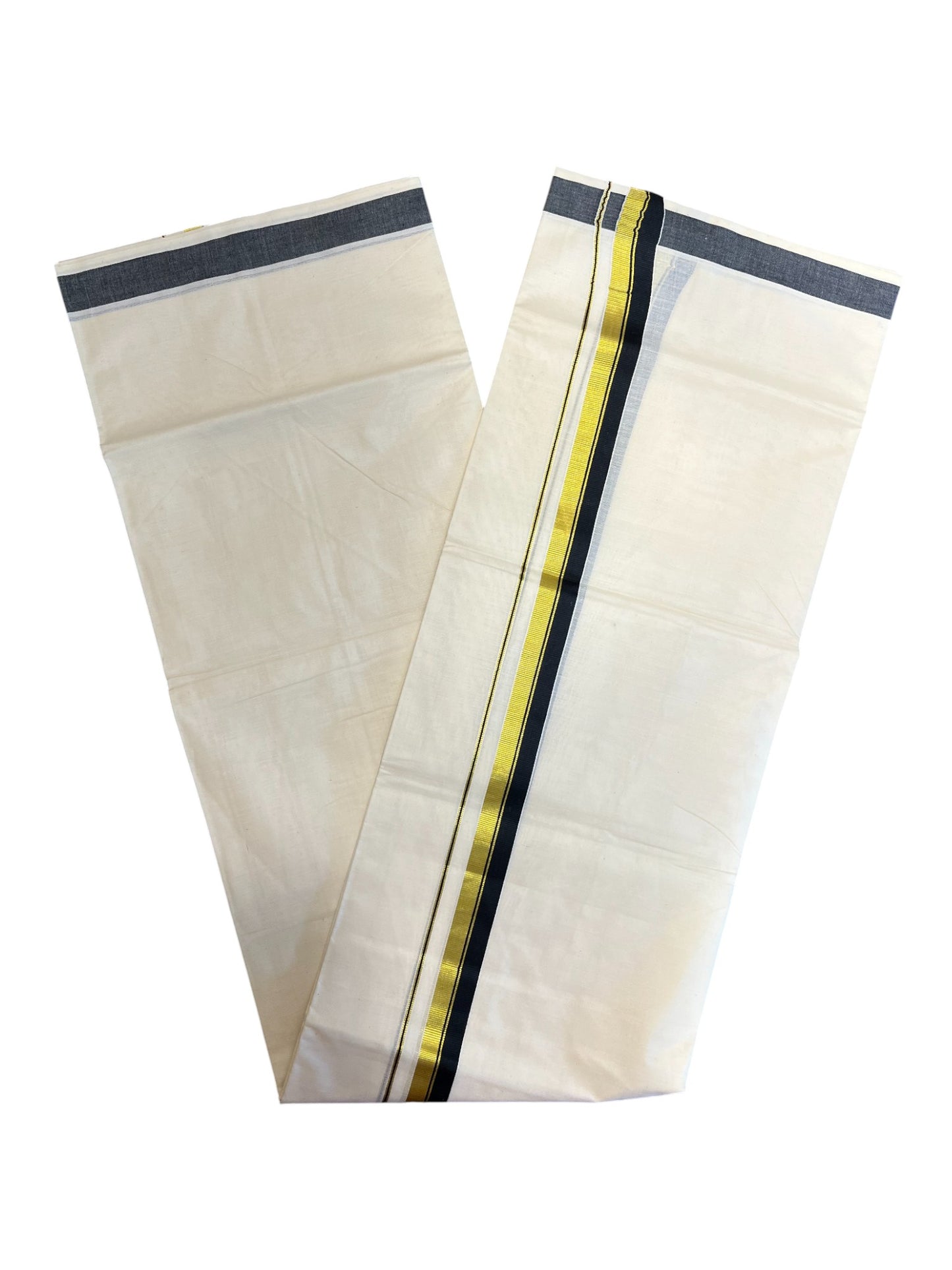 Southloom Pure Cotton  Double Mundu With Gold Kasavu &  Black Border (South Indian Kerala Dhoti)