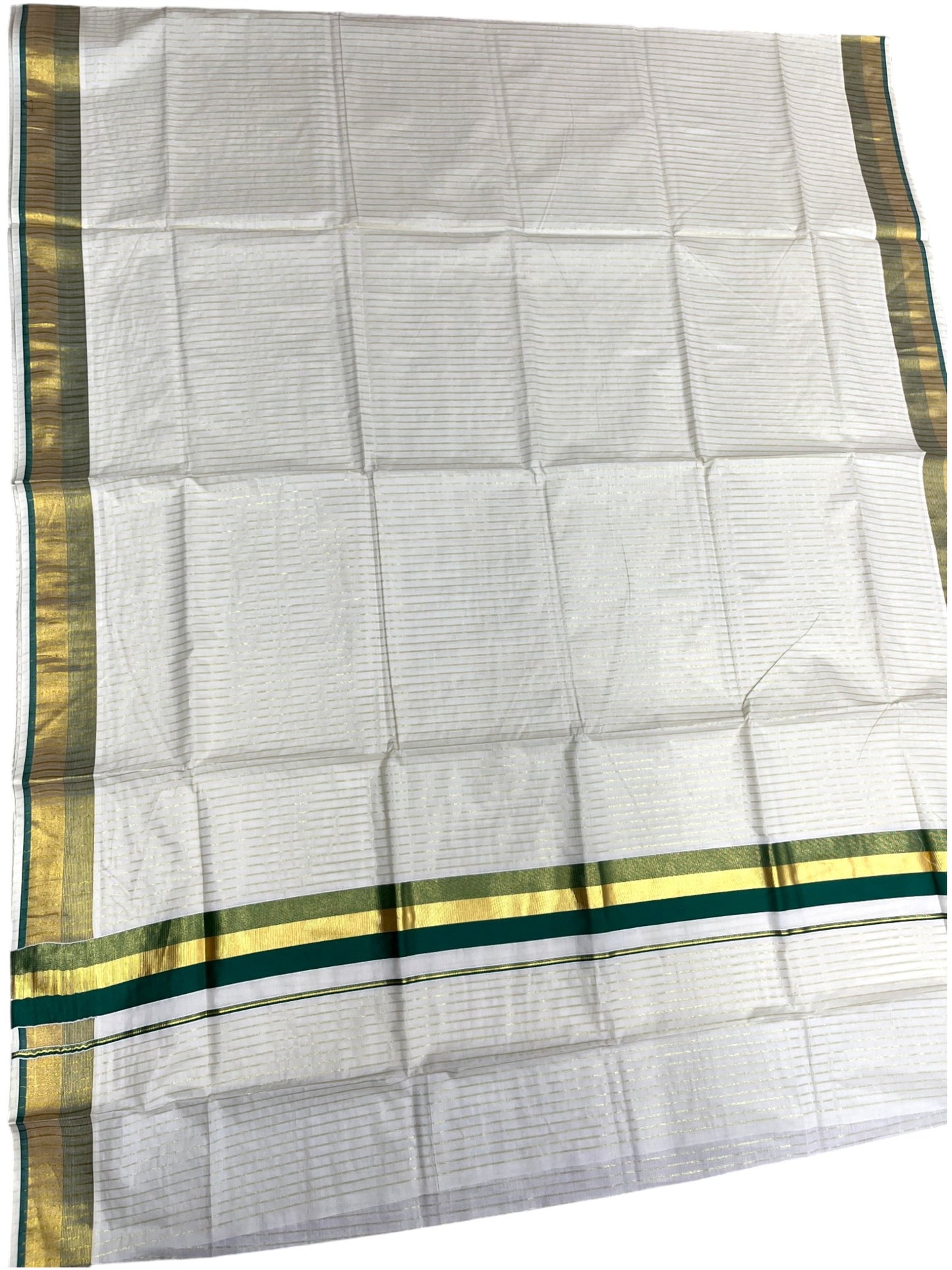 Southloom Pure Cotton Kerala Kasavu Lines Saree with Green and Kasavu Border