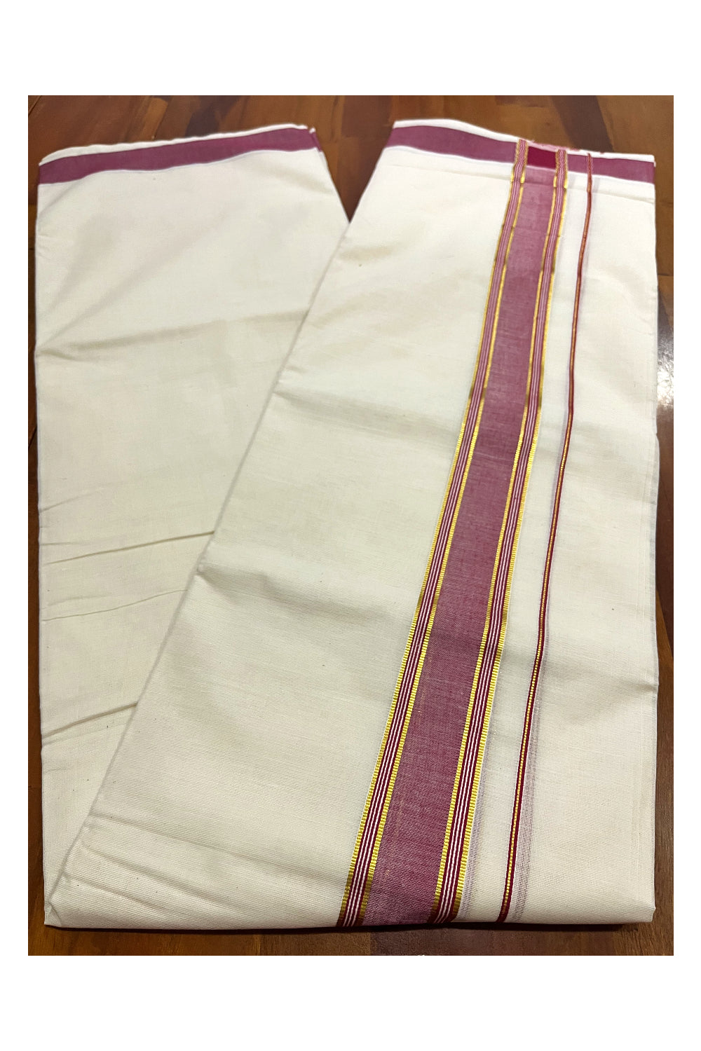 Kerala Pure Cotton Double Mundu with Maroon and Kasavu Border