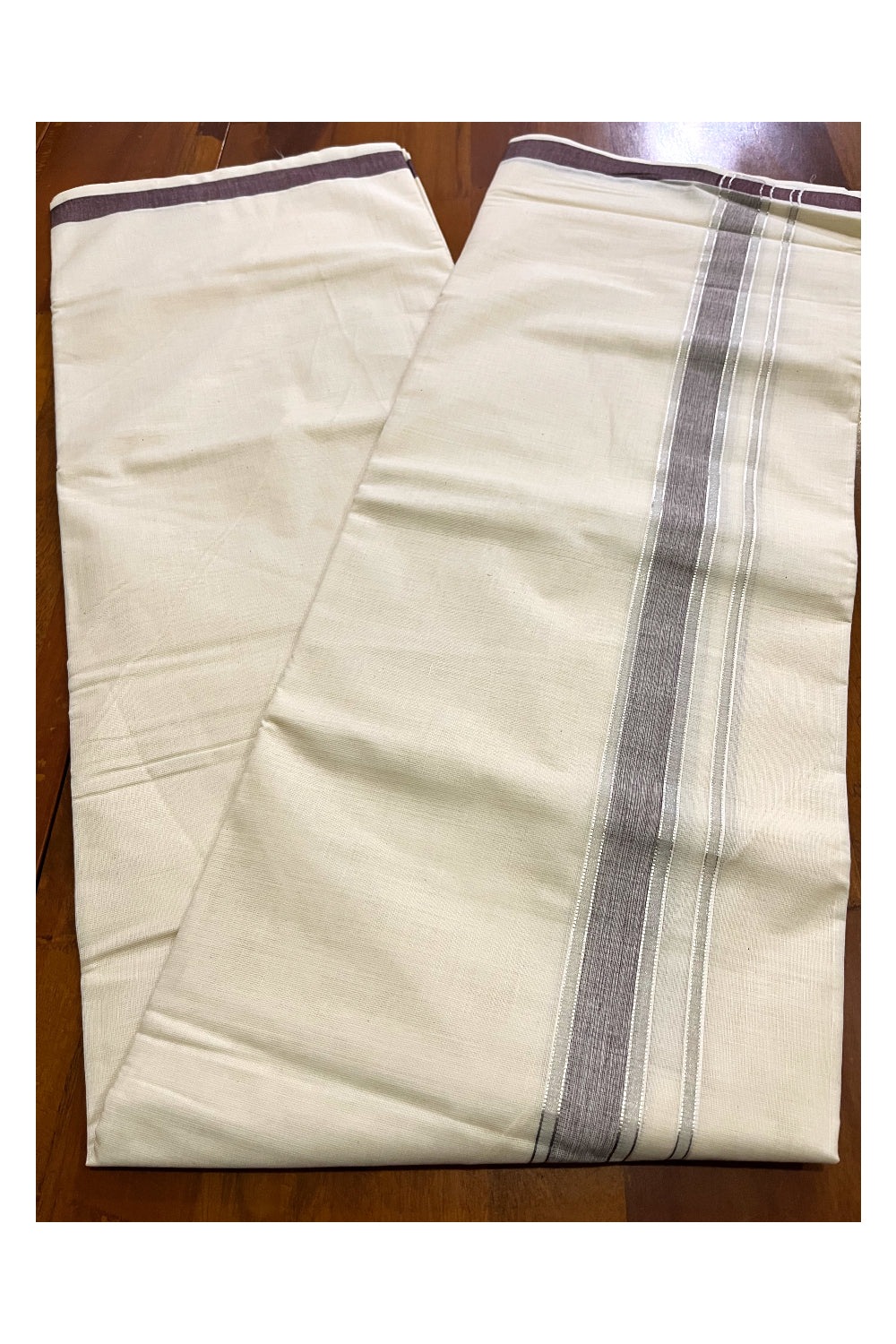 Pure Cotton Kerala Double Mundu with Silver Kasavu and Brown Border (South Indian Kerala Dhoti)