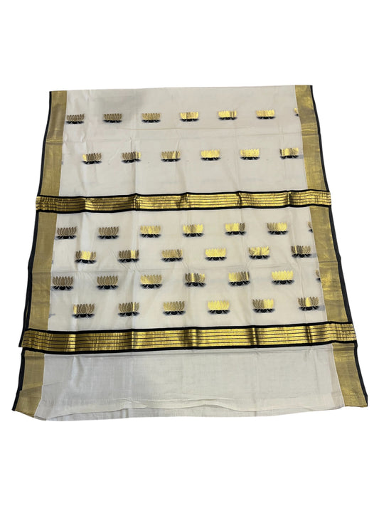 Southloom Kerala Cotton Kasavu Saree with Lotus Woven Work in Black