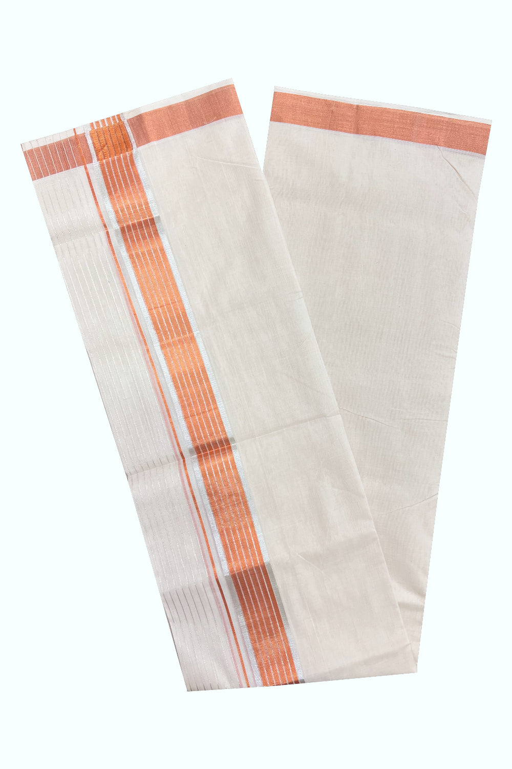 Southloom Premium Balaramapuram Unakkupaavu Handloom Silver and Copper Kasavu Mundu with Kasavu Lines (South Indian Kerala Dhoti)