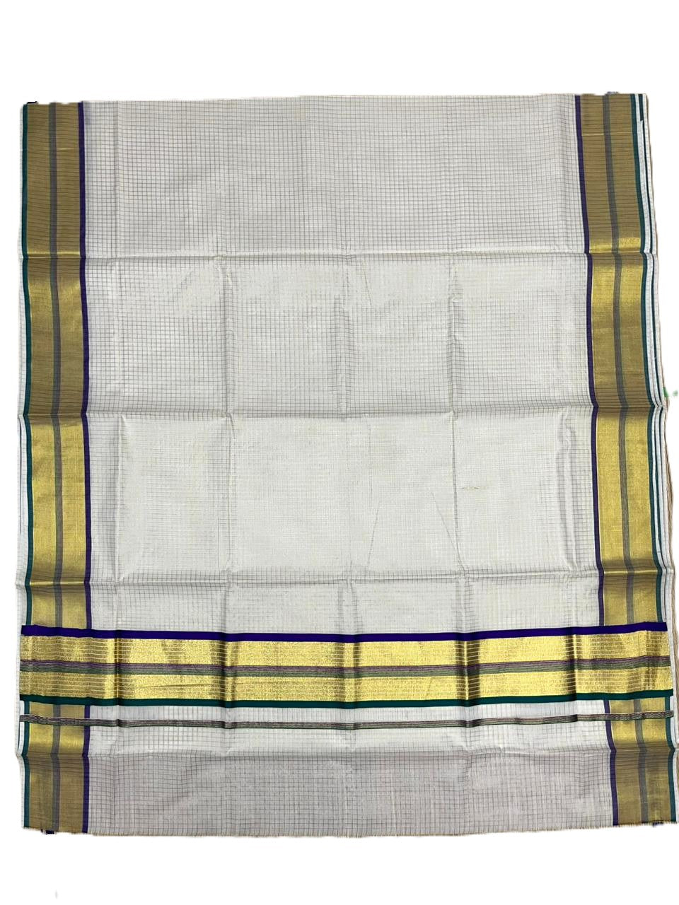 Southloom Kerala Cotton Kasavu Saree with Micro Check Design on Body in Violet & Peacock Green Border SL453