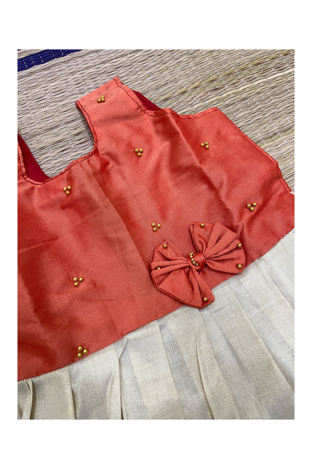 Southloom Kerala Tissue Frock with Orange Bead Work Designs for Kids (5 Years)