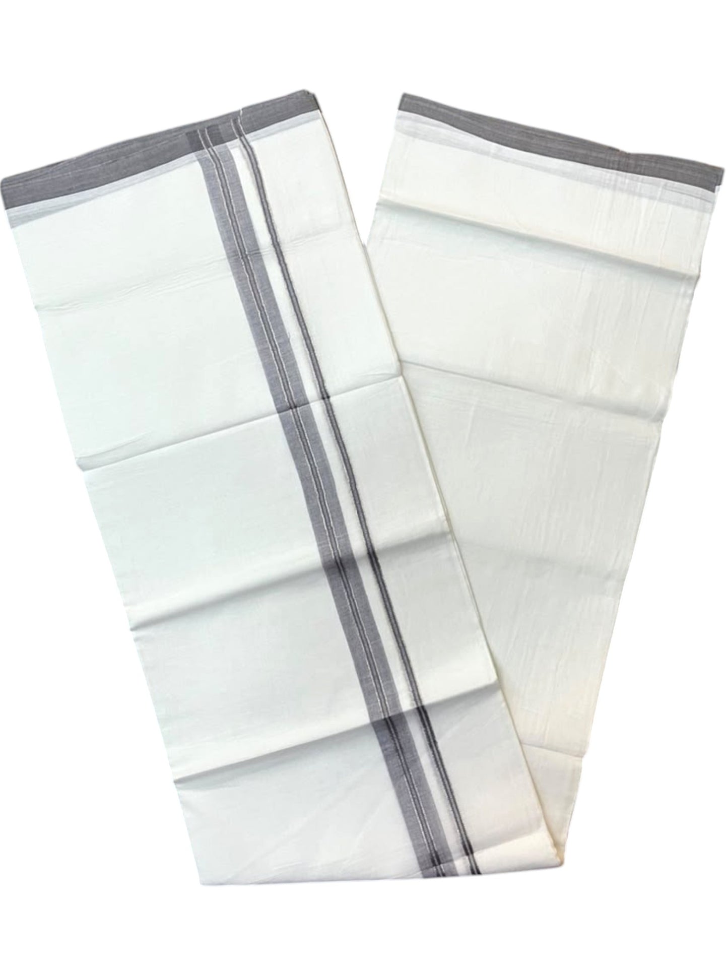 Southloom Pure White Cotton Mundu with Grey & Silver Line Border (South Indian Kerala Dhoti)