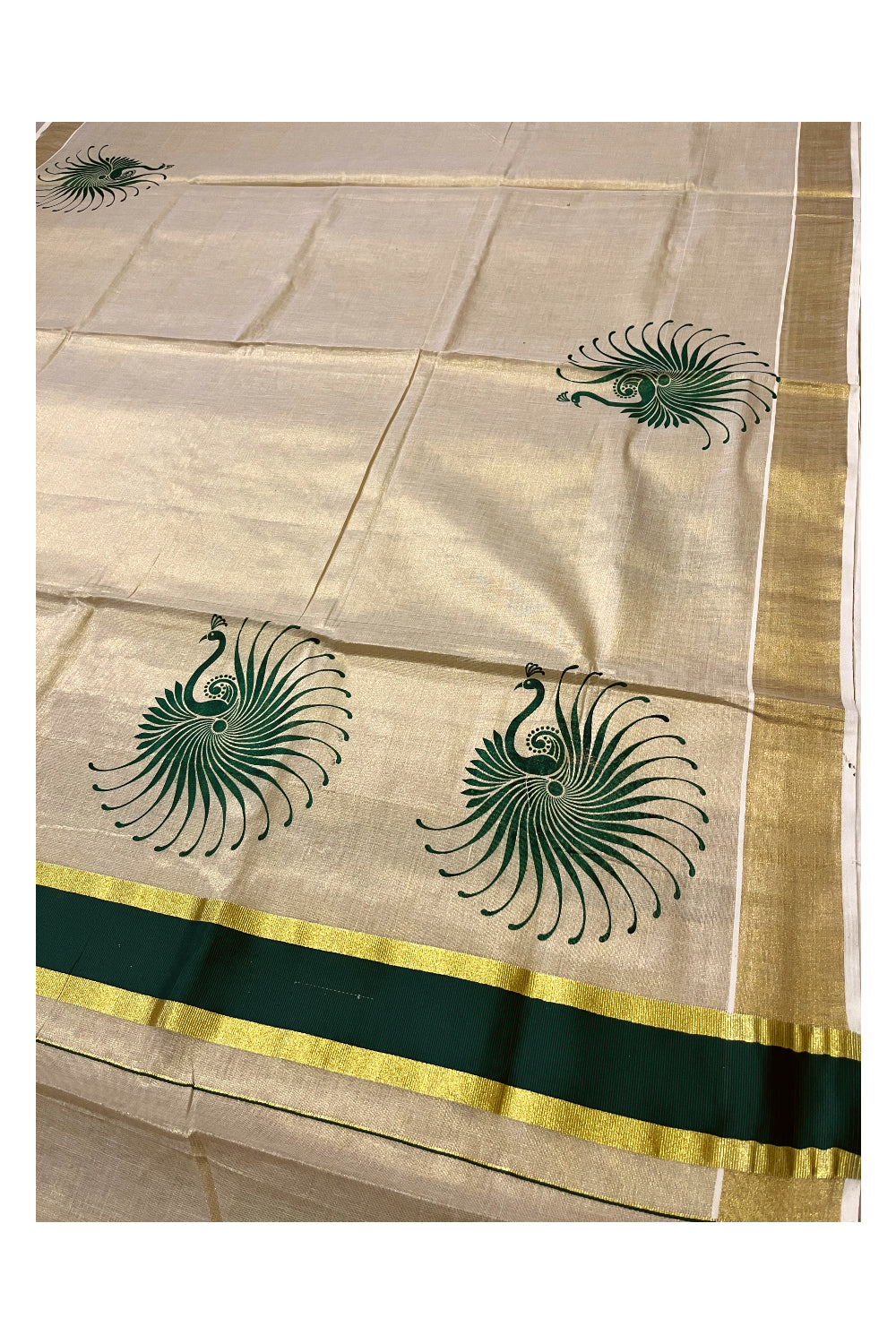 Kerala Tissue Kasavu Saree with Green Block Prints and Kasavu Border