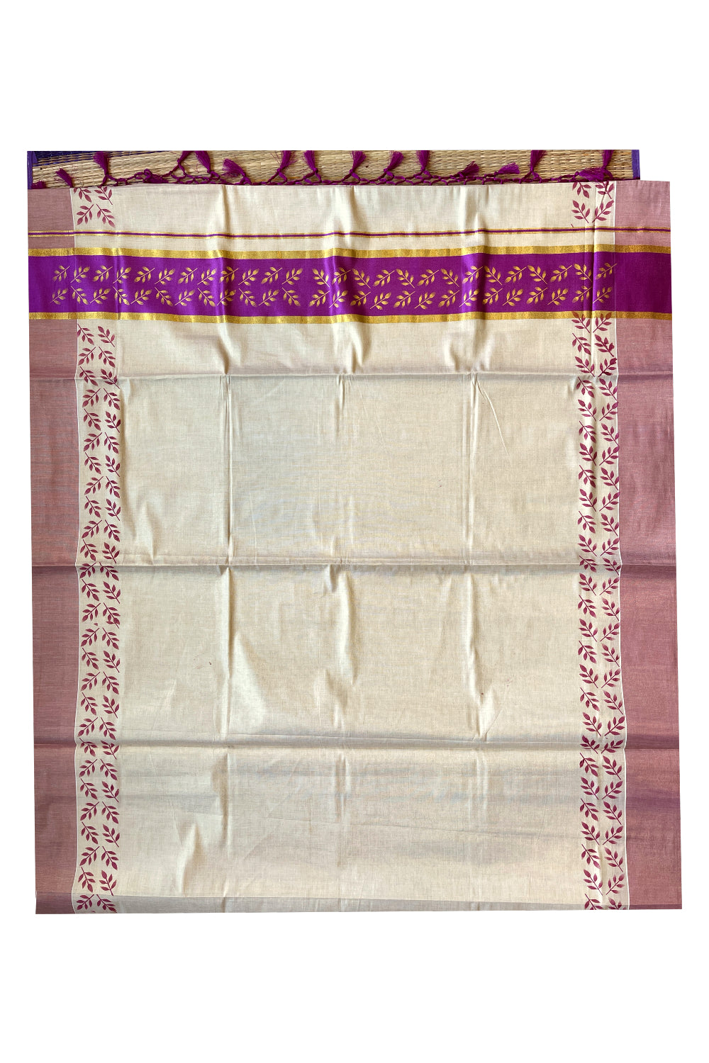 Kerala Tissue Kasavu Saree with Golden and Magenta Block Prints on Border and Tassels Works