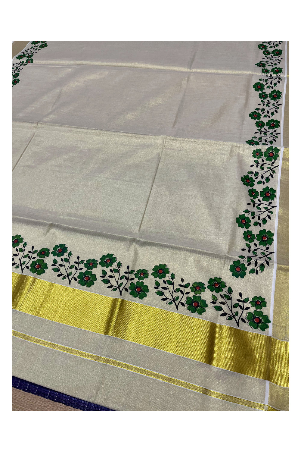 Kerala Tissue Kasavu Saree with Green Floral Block Printed Designs