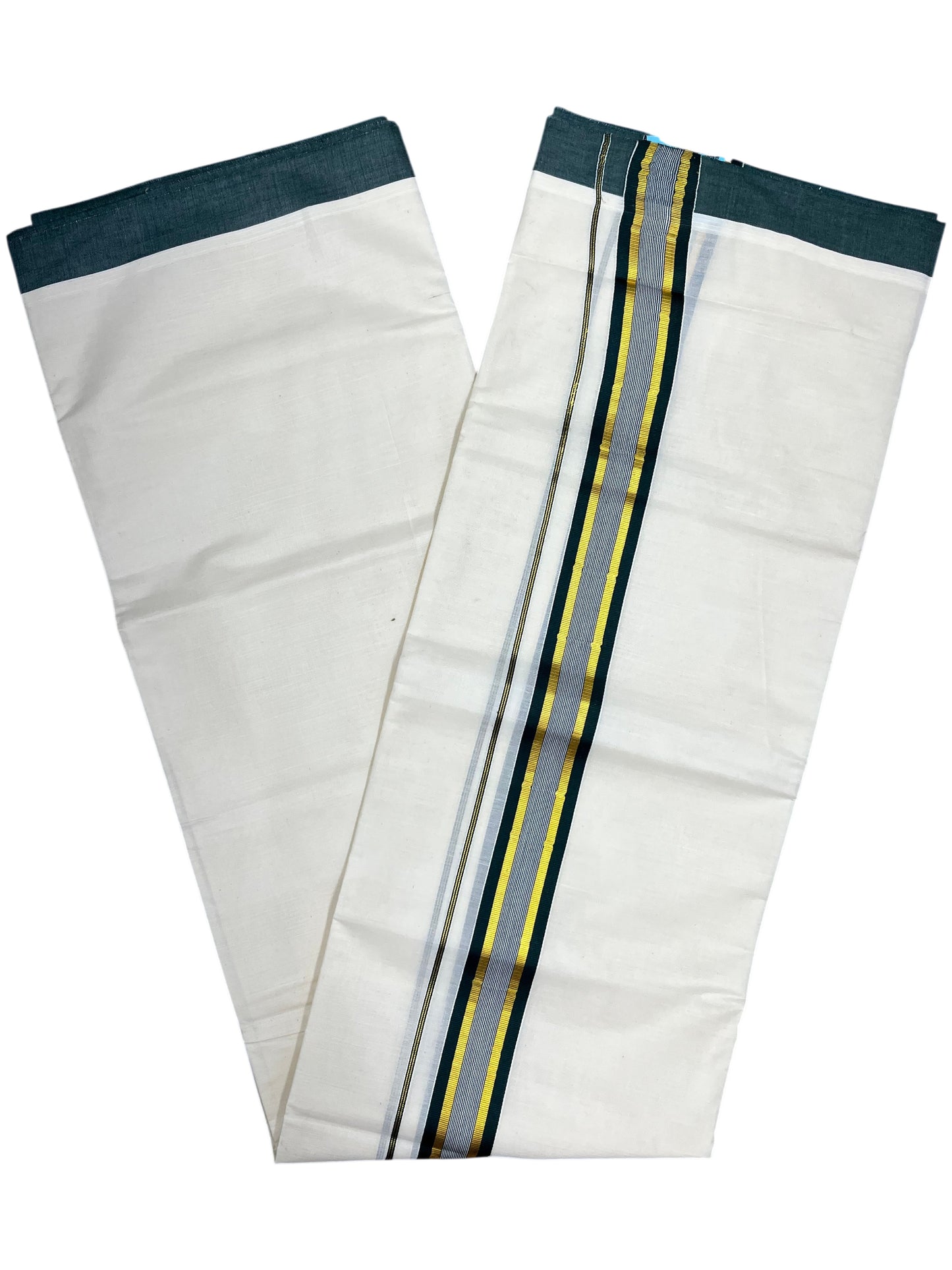 Southloom Pure Cotton Mundu with Green Border (South Indian Kerala Dhoti)