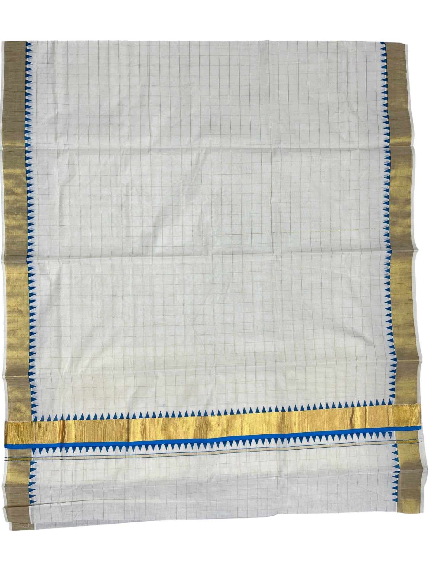 Southloom Cotton Kerala Kasavu Check Saree with Blue Temple Design Border