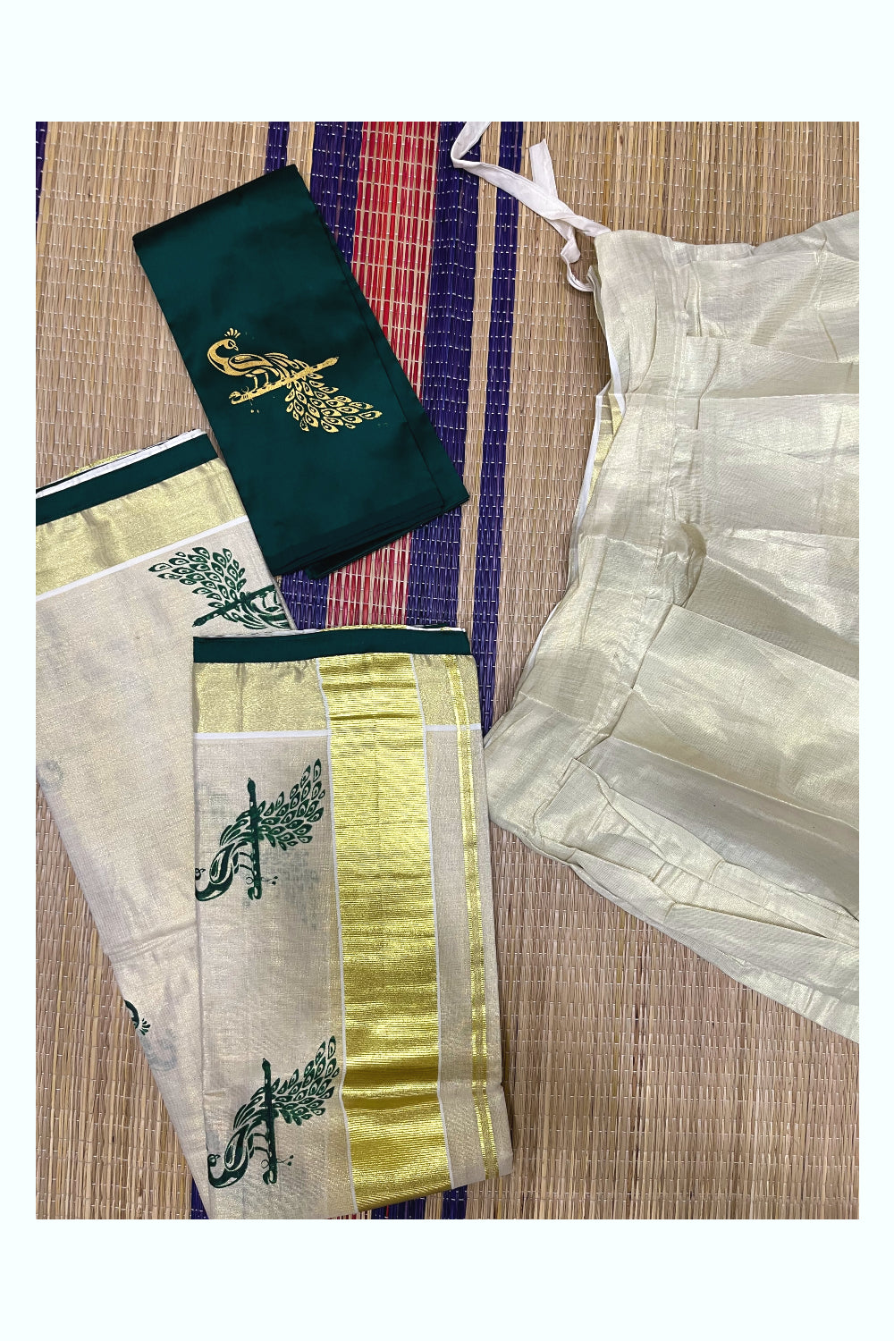 Southloom Semi Stitched Dhavani Set with Tissue Peacock Printed Pavada and Green Blouse Piece