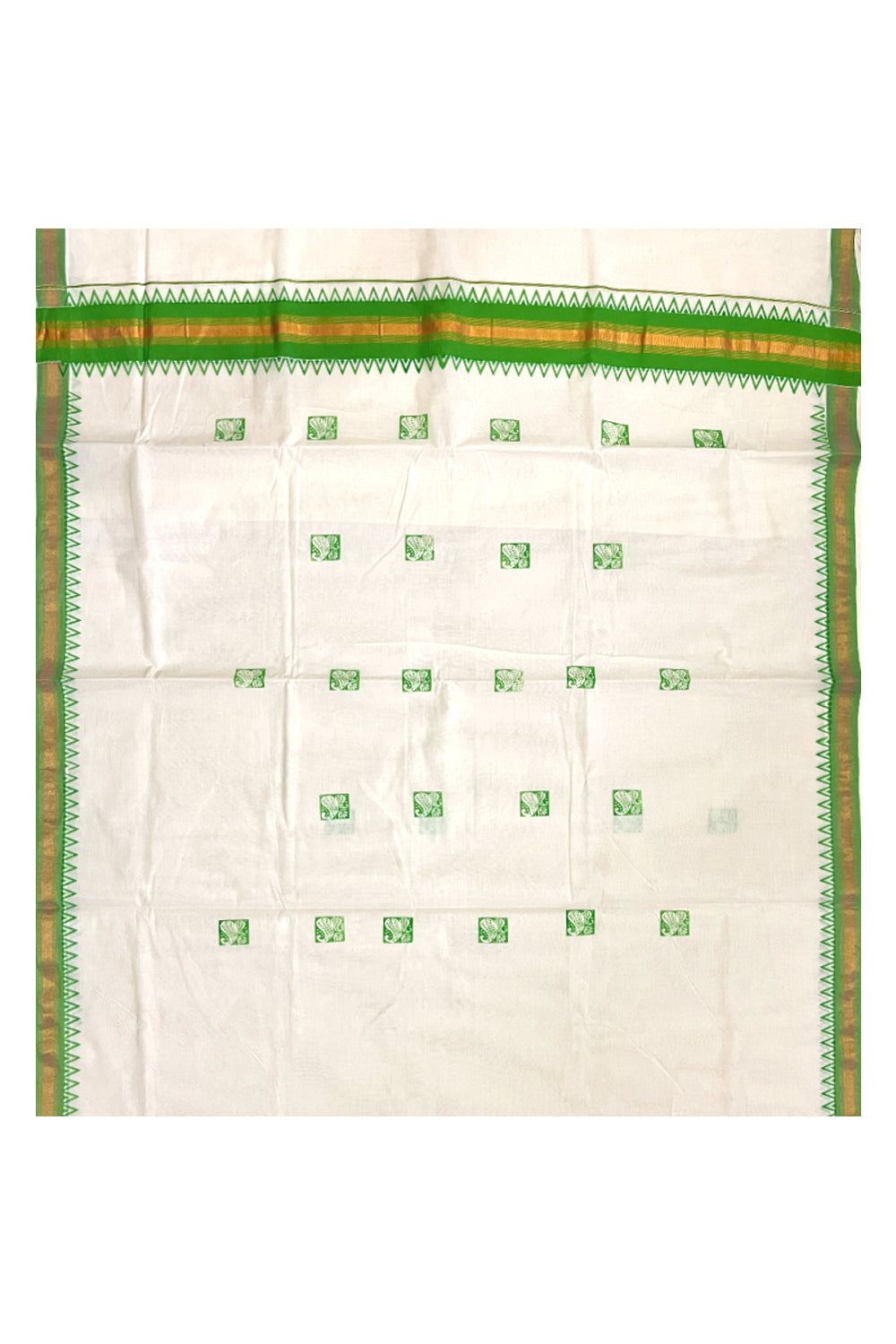 Pure Cotton Kerala Kasavu Saree with Green Temple Border and Block Prints on Body